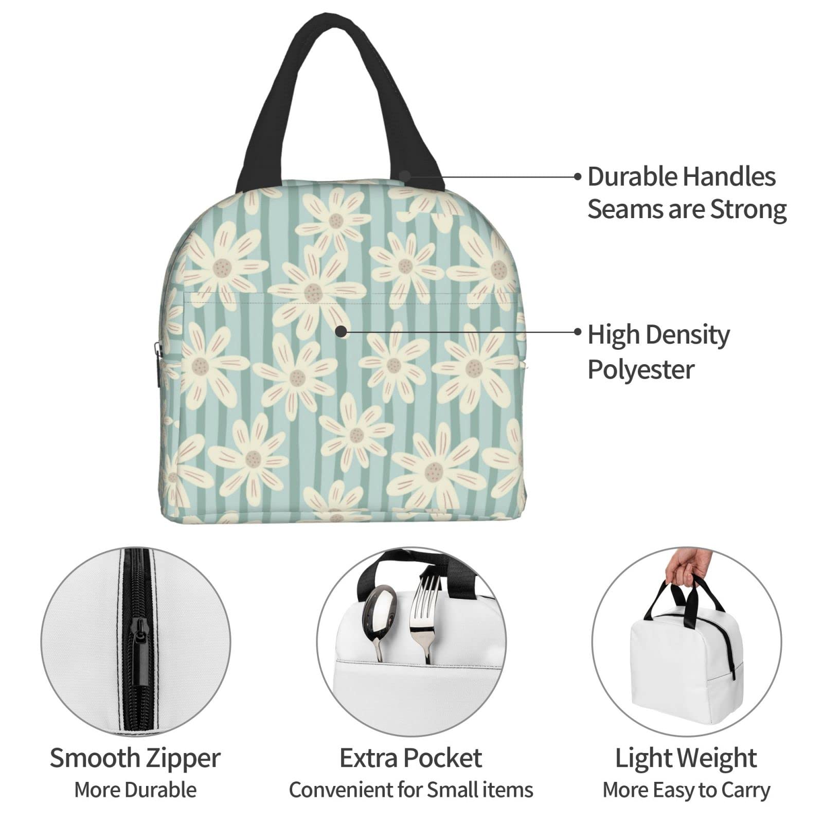 Insulated Lunch Box with Daisy Flower Stripe Design - Reusable & Portable Meal Container for Men & Women - Perfect for Work, Travel, Picnic & Outdoor Activities