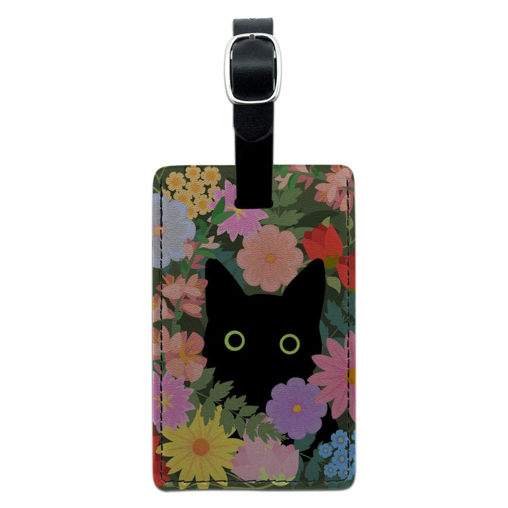 Black Cat Hiding in Spring Flowers Rectangle Leather Luggage Tag - Personalized ID Card Holder for Travel Bags, Suitcases & Backpacks - Perfect for Airports, Business Trips & Vacation Identification