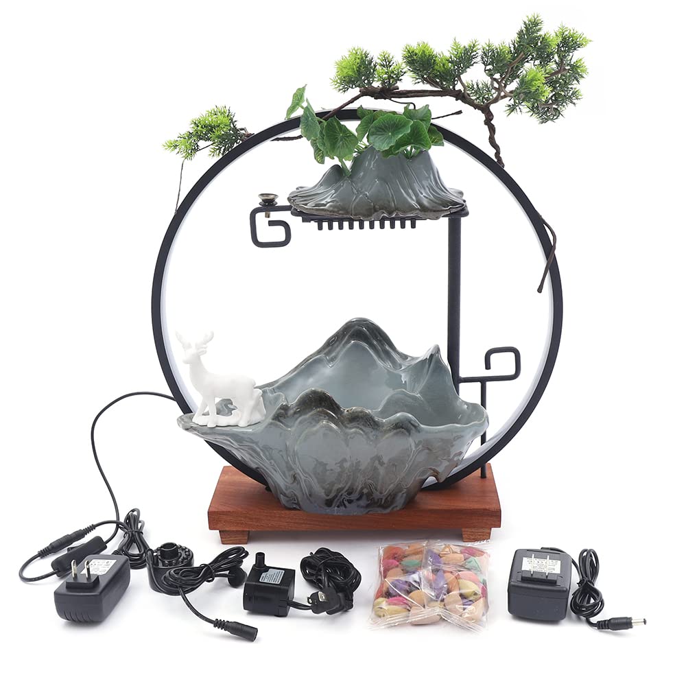 Indoor Water Fountain with LED Light - Tabletop Waterfall Rockery for Office & Home Decor | Relaxing Zen Fountain for Stress Relief & Meditation Space