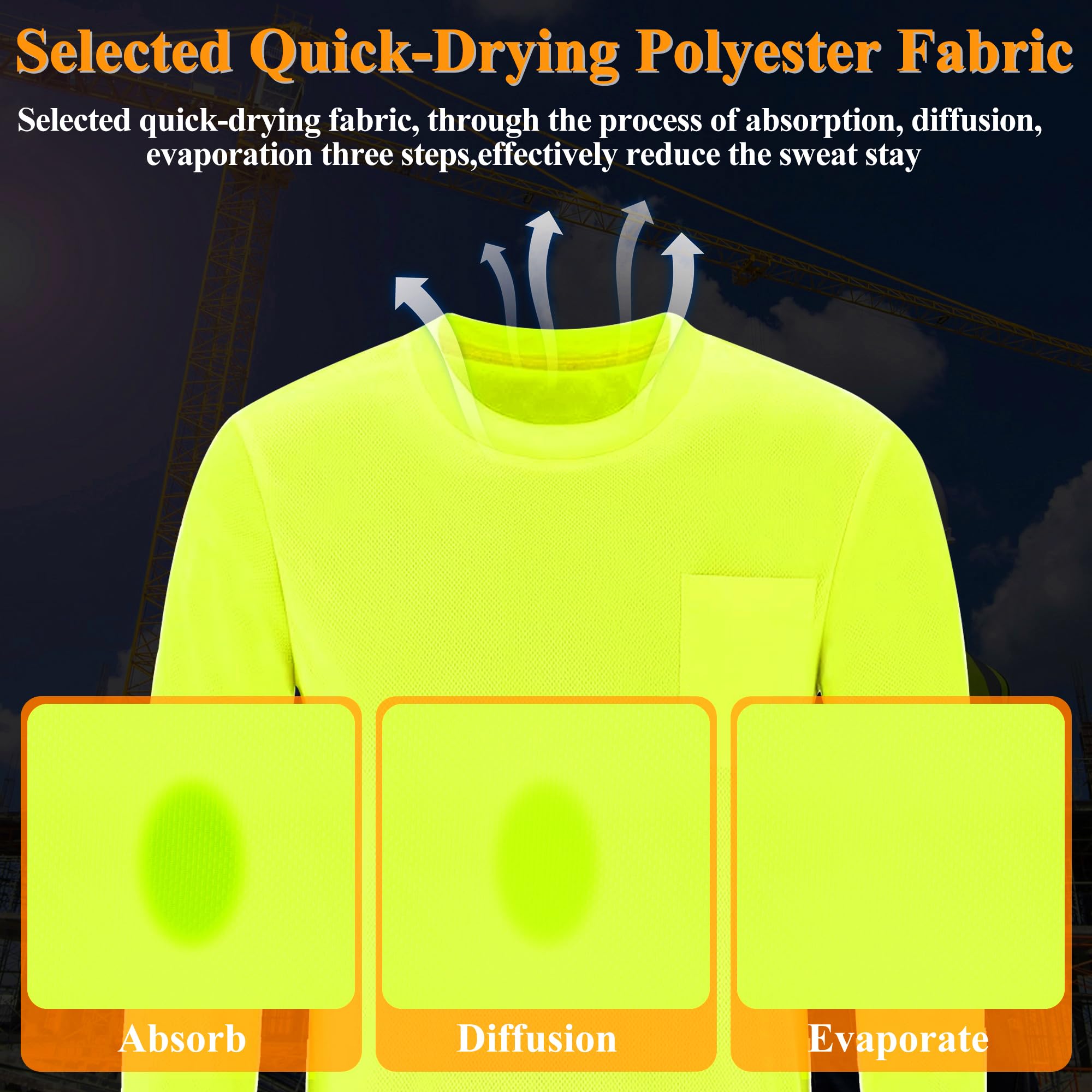 High Visibility Safety T-Shirts - Long Sleeve Hi-Vis Performance Athletic Shirts (Multipack) for Construction, Running & Outdoor Work