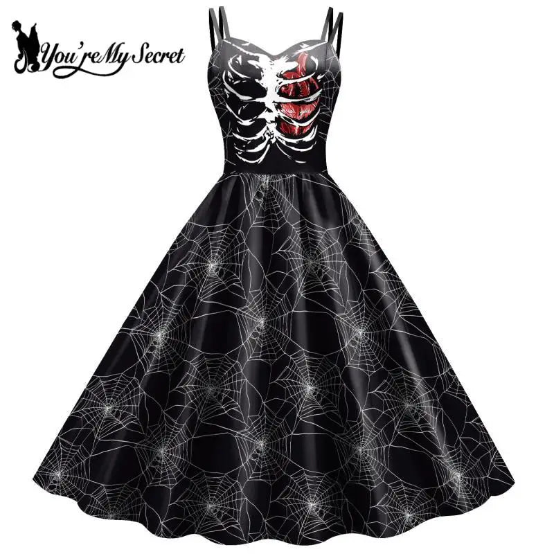 Gothic Skeleton Halloween Dress for Women - Elegant Black Rockabilly Costume for Halloween Parties, Carnival, Cosplay & Horror Themed Events