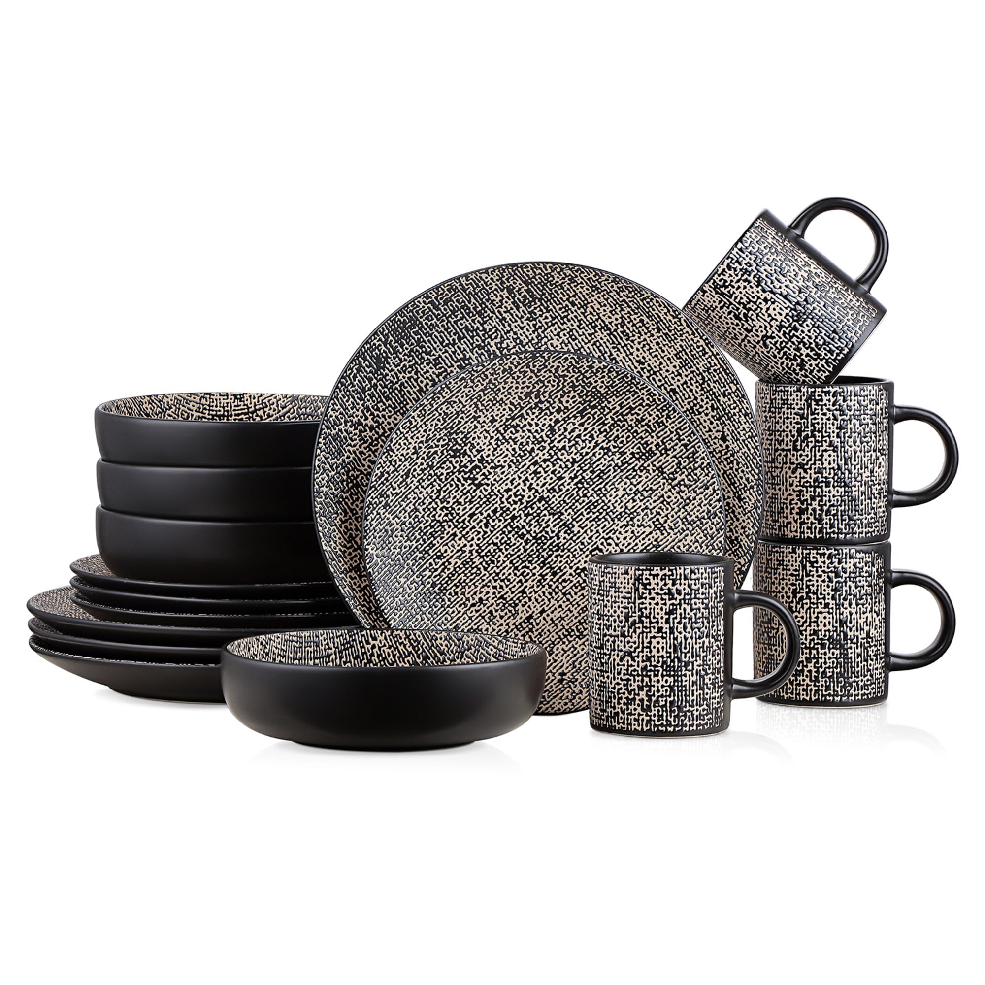 Sophie Rustic Stoneware Dinnerware Set for 4 - 16-Piece Brown & White Textured Plates & Bowls - Perfect for Farmhouse Dining, Casual Entertaining & Everyday Family Meals