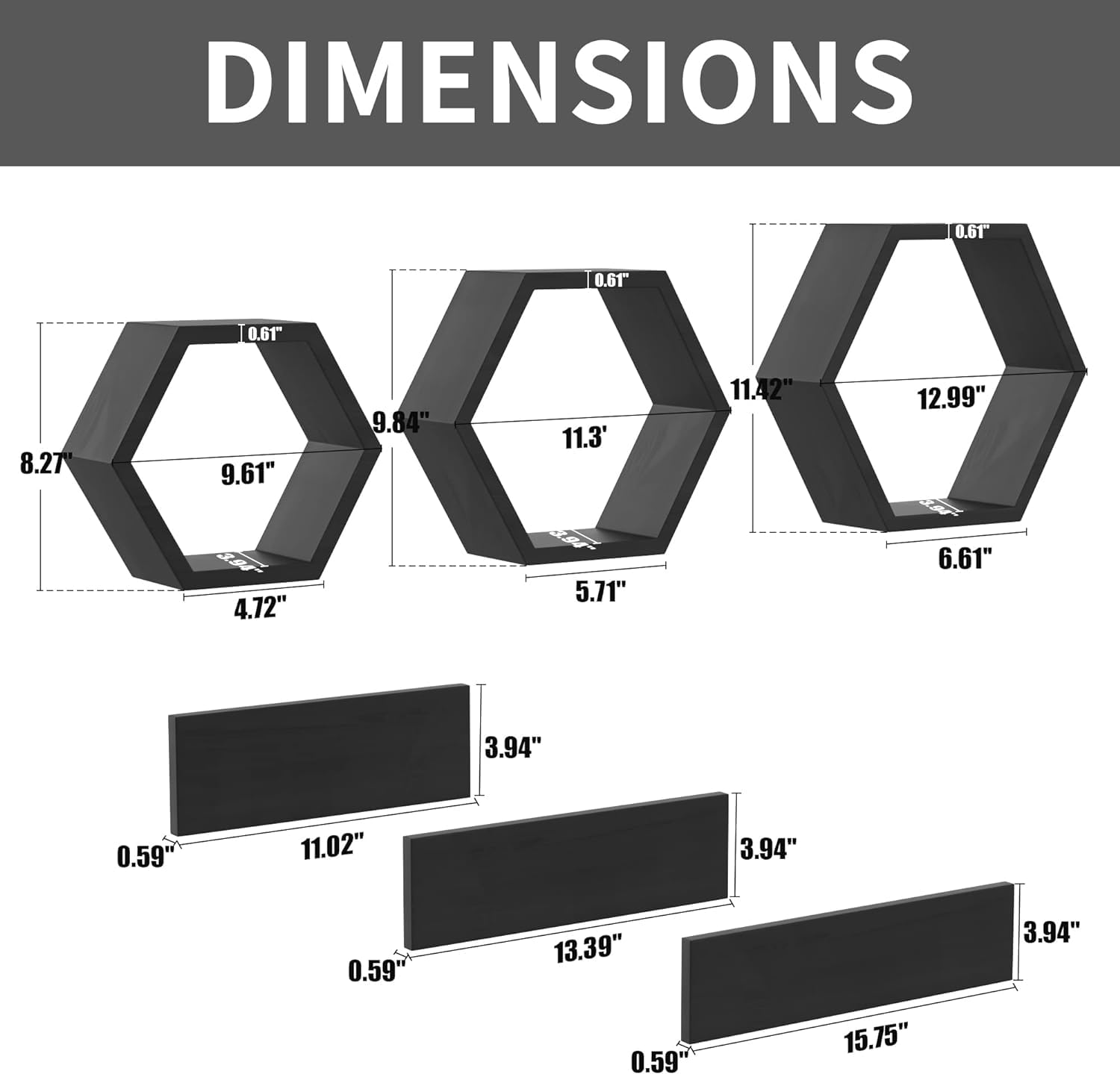 Hexagon Wall Shelves Set of 6 - Floating Wooden Wall Mounted Shelves for Photos, Plants & Decor | Rustic Honeycomb Shelves for Living Room, Bedroom, Bathroom, Kitchen & Office | Black Home Decor Shelving | Perfect for Gallery Walls, Bathroom Storage & Small Space Organization