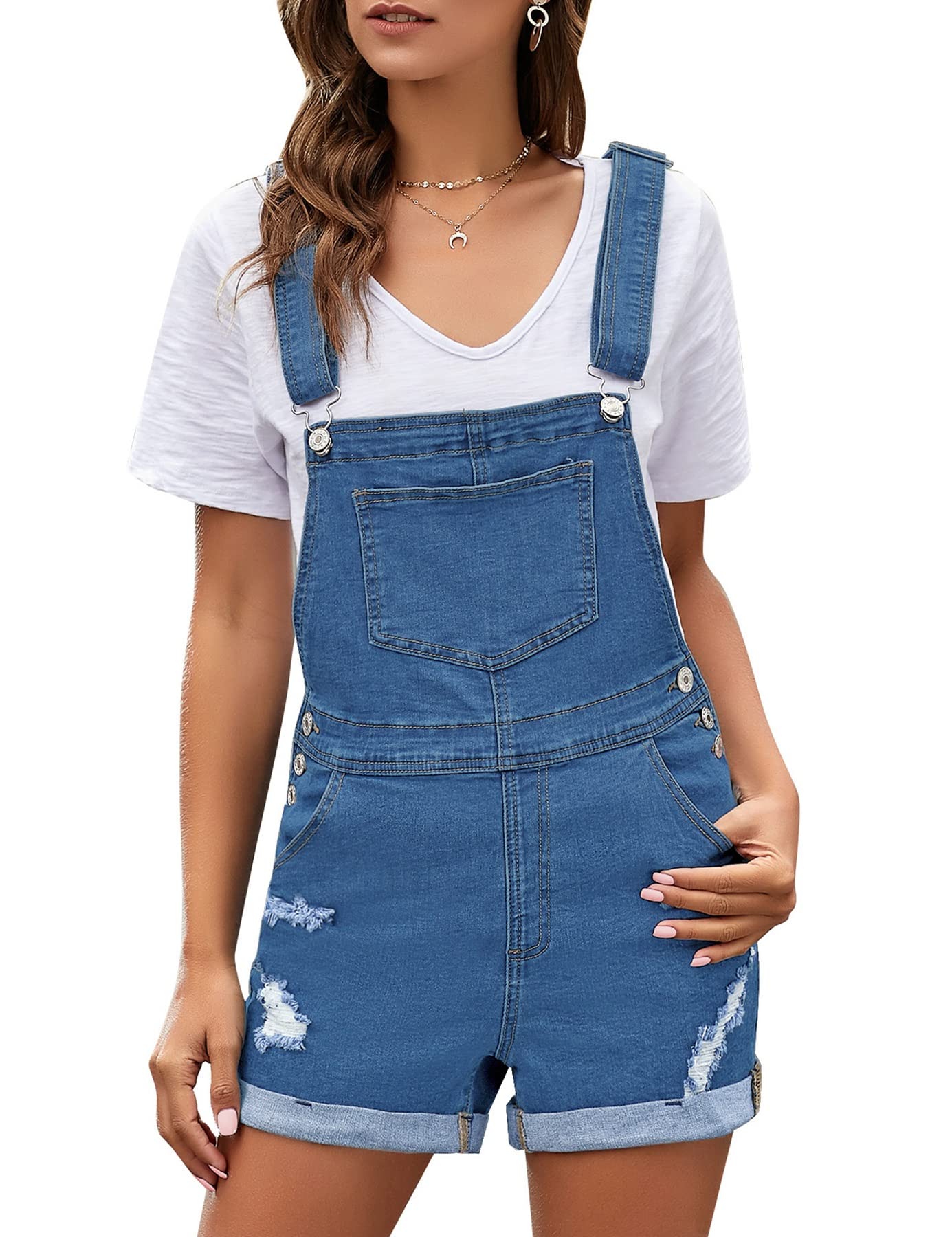 GRAPENT Women's Ripped Denim Shortalls - Adjustable Straps Bib Overalls Jean Shorts for Women | Casual Summer Outfits, Music Festivals & Streetwear Fashion