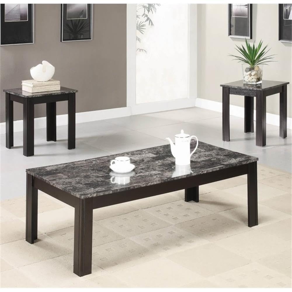3 Piece Black Faux Marble Coffee Table Set - Modern Living Room Furniture for Small Spaces, Apartments & Home Decor