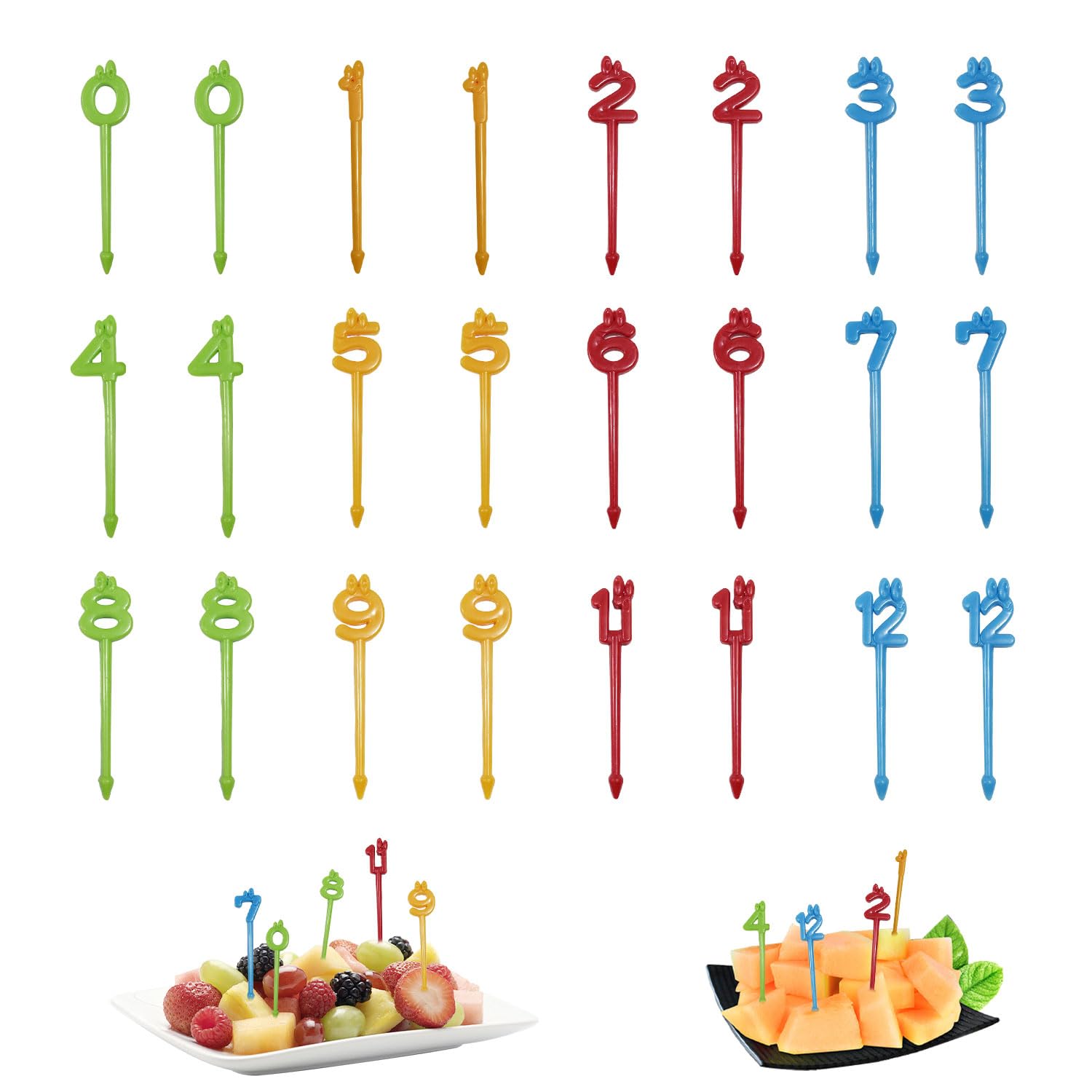 BendJoy 24PCS Cute Number-Shaped Toothpicks for Kids - Reusable Mini Fork Toothpick Holders with Random Colors - Perfect for Birthday Parties, School Snacks & Creative Food Decorations