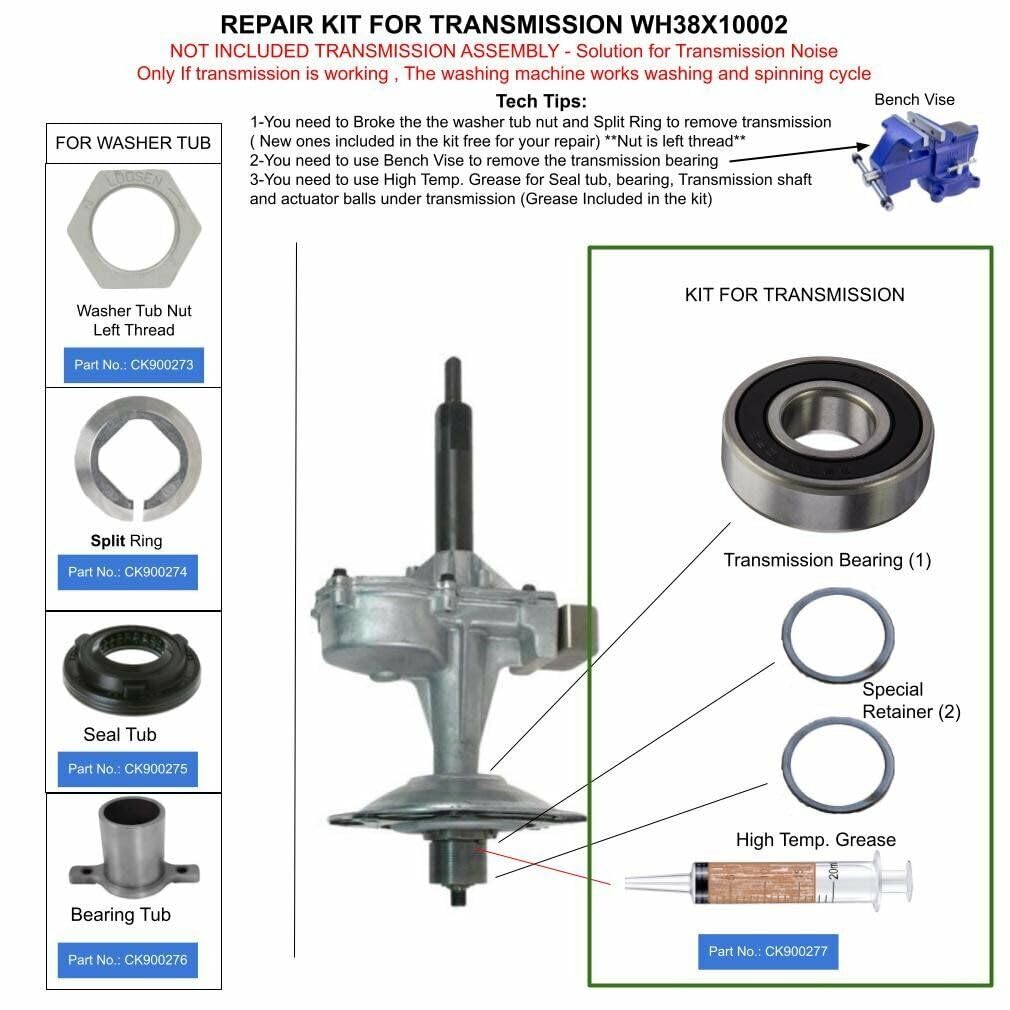 WH38X10002-KIT1 Transmission Repair Kit with Bearings & Rings - Fixes Transmission Noise Issues for WH38X10002-KIT1 Washer - Perfect for DIY Washing Machine Maintenance at Home