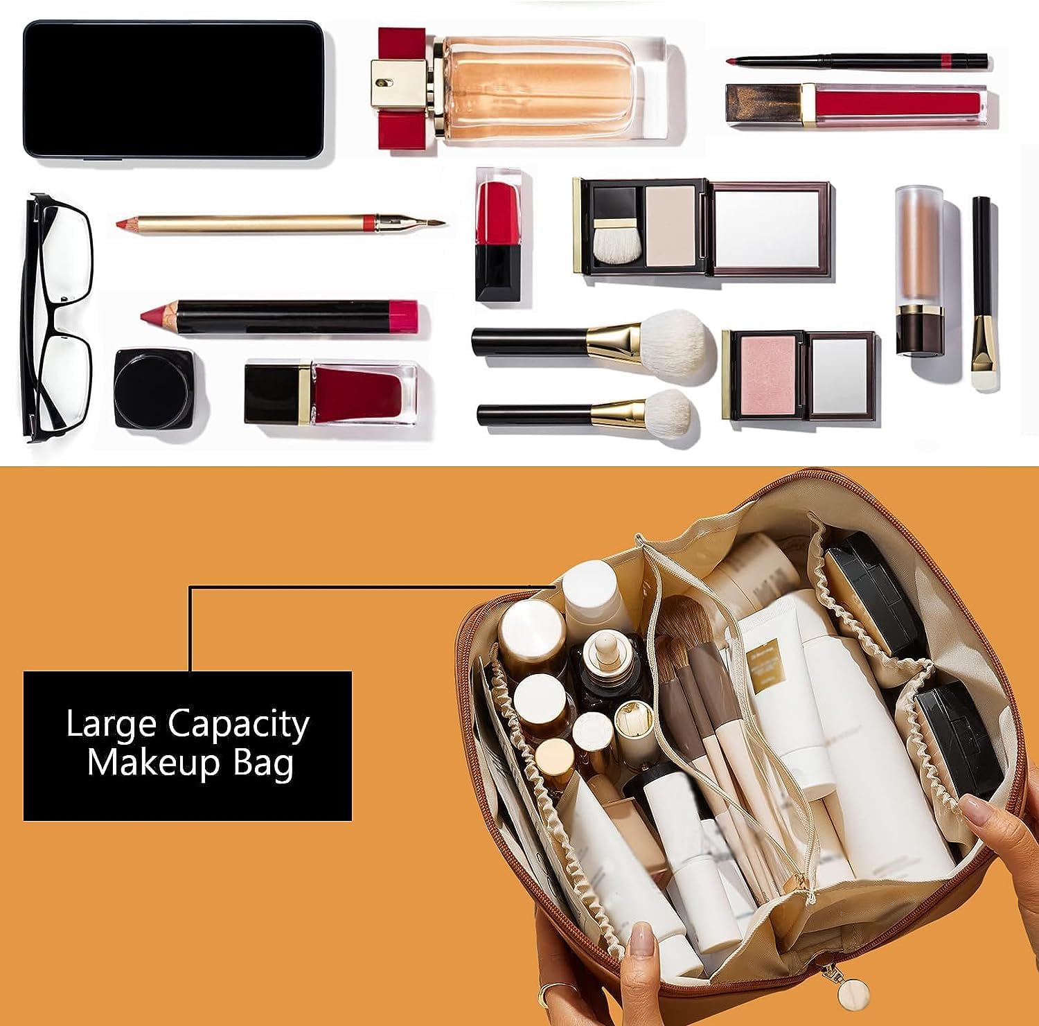 Large Capacity Waterproof PU Leather Makeup Bag for Women - Travel Cosmetic Organizer, Portable Toiletry Bag for Makeup Brushes & Cosmetics - Perfect for Travel, Gym & Daily Use