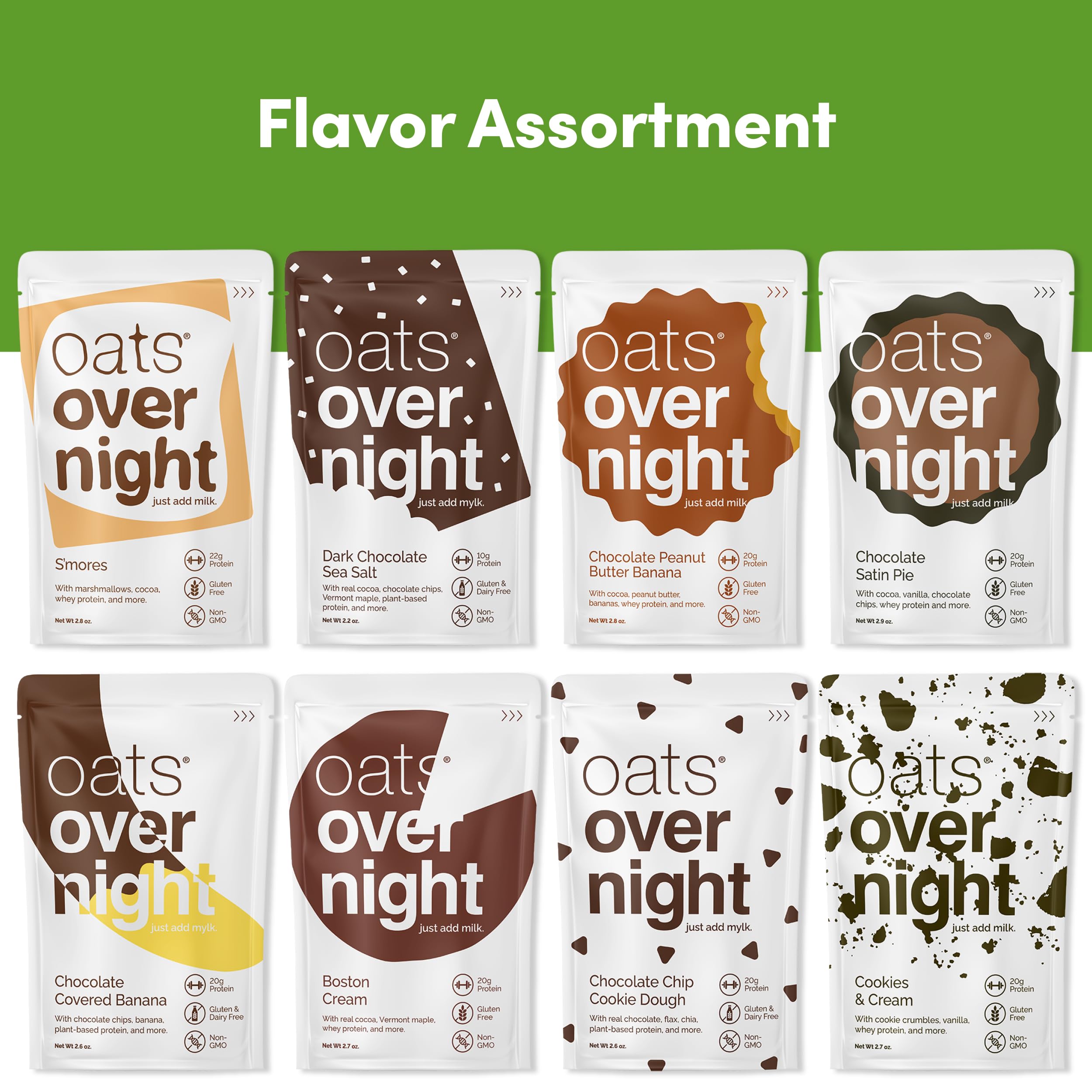 Oats Overnight Chocolate Variety Pack - High Protein & Fiber Breakfast Shake, Gluten Free & Non-GMO Oatmeal - Smores, Dark Chocolate Sea Salt (8 Pack) | Quick Healthy Breakfast, Post-Workout Meal, On-the-Go Nutrition