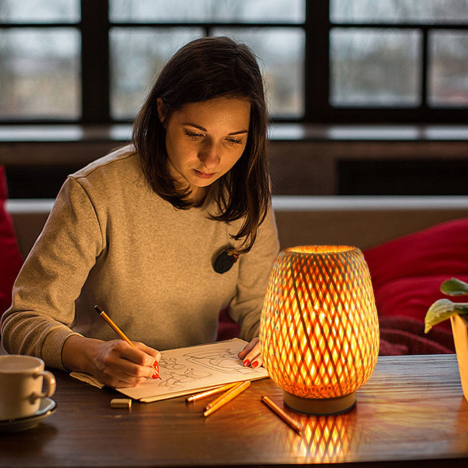 Schindora Handmade Boho Bamboo Small Table Lamp - Wicker Woven Natural Desk Light for Bedroom, Living Room & Office - Nightstand Reading Lamp with Warm White Bulb - Perfect for Cozy Home Decor, Meditation Spaces & Gift Giving