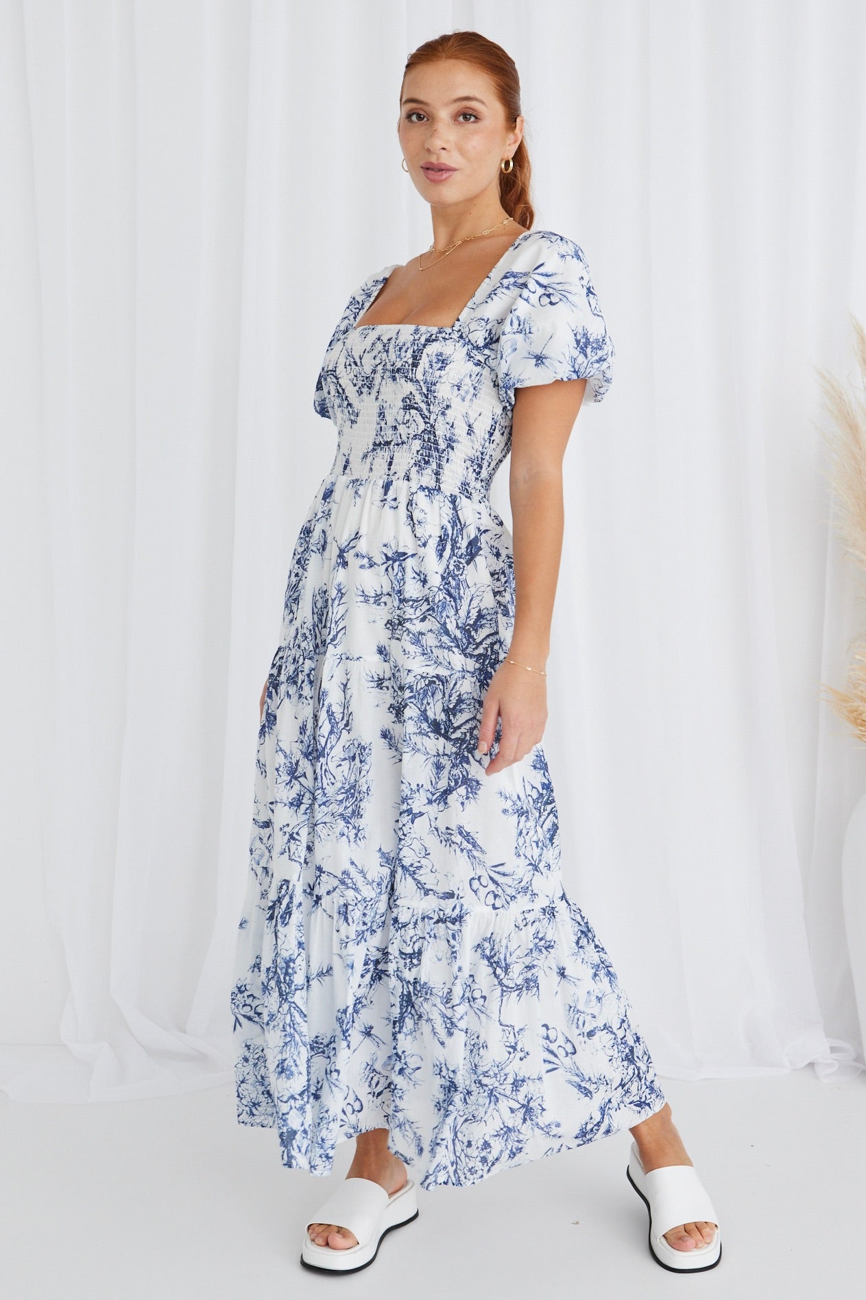 Raven Blue Porcelain Print Puff Sleeve Tiered Maxi Dress for Women - Elegant Floral Summer Dress for Beach Wedding, Vacation & Special Occasions