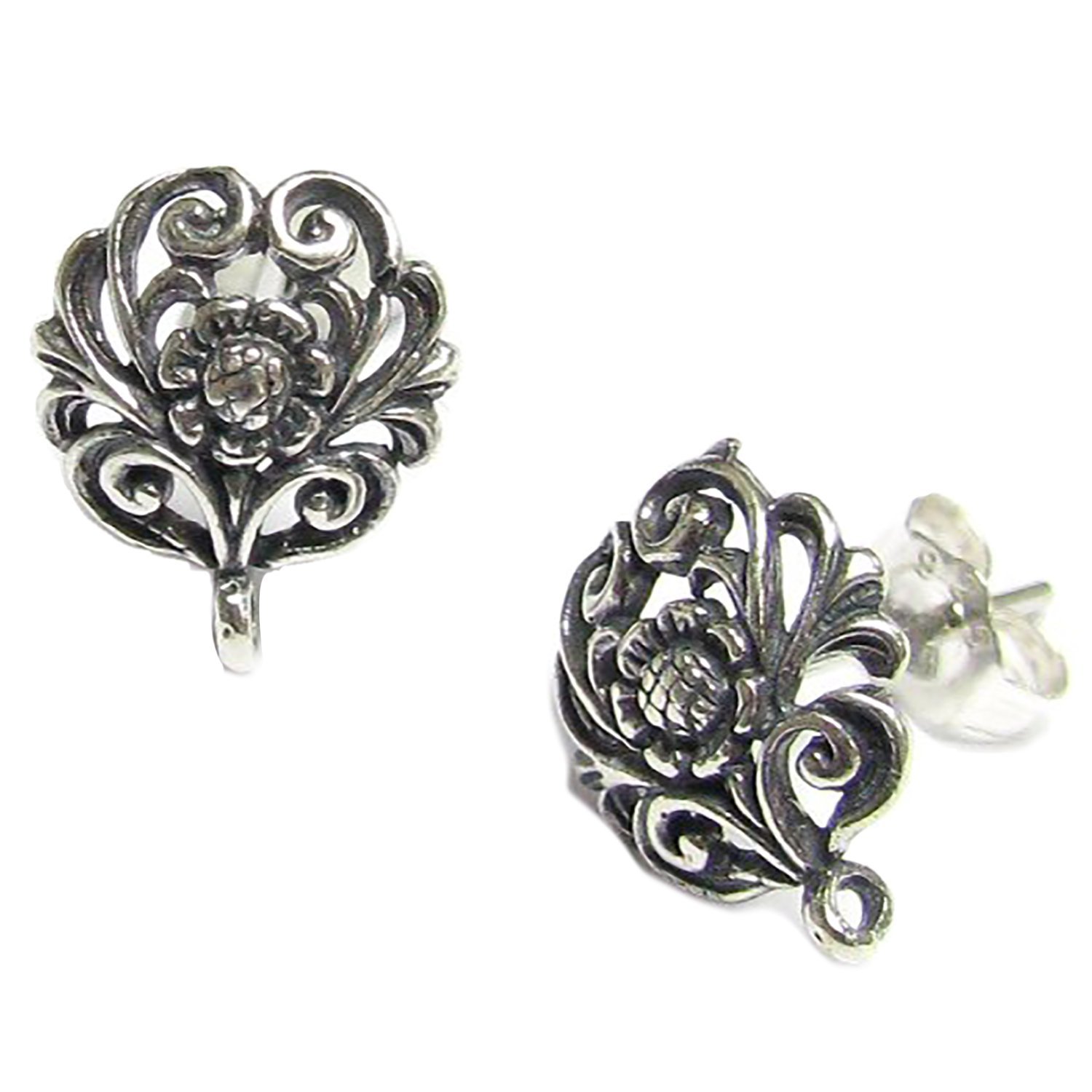 925 Sterling Silver Bali Flower Stud Earrings with Loop Post & Secure Ear Nuts - Bright Antique Finish for Women, Bridal, Boho & Everyday Wear