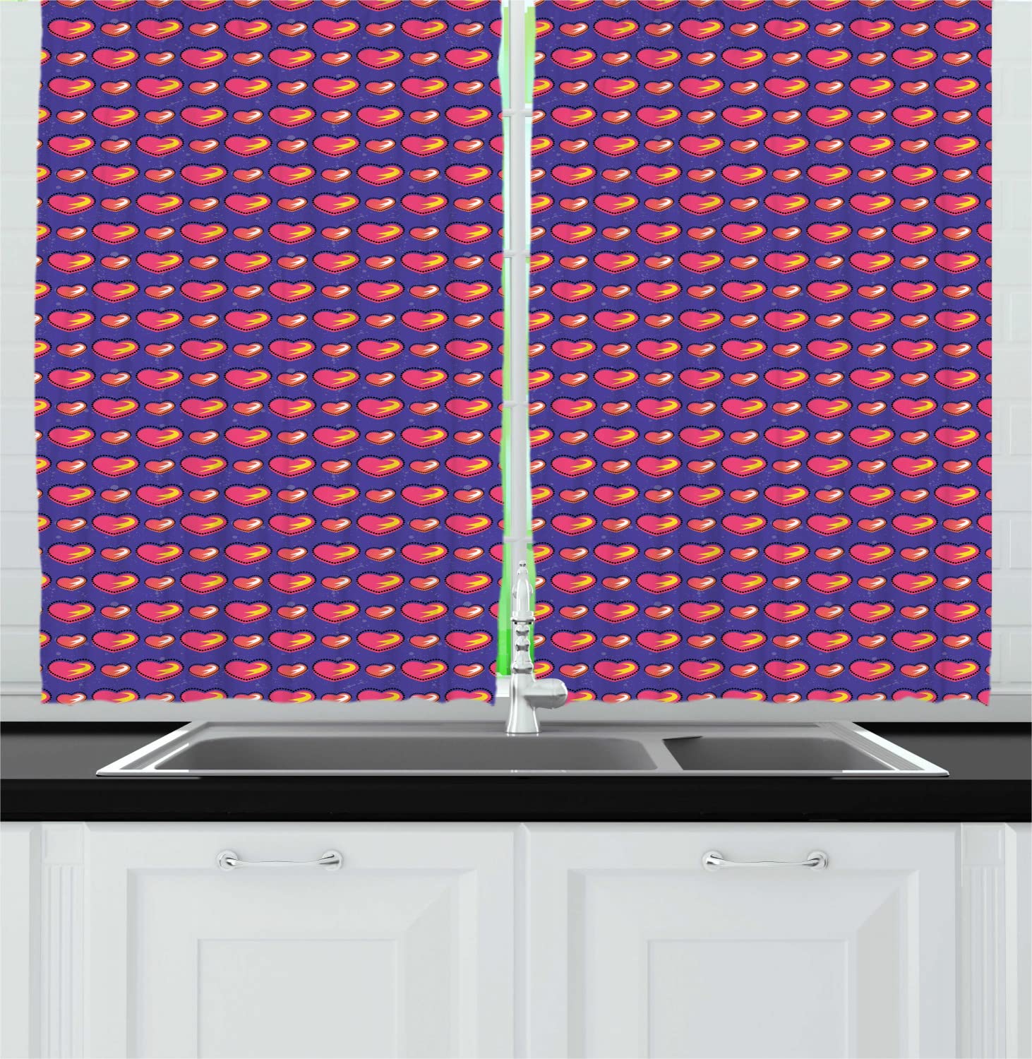Ambesonne Romantic Long Kitchen Curtains with Love Hearts - Retro Pop Art Cartoon Style for Teen Girls - Valentine's Day & Birthday Gift - Pink Purple Yellow Drapes (55