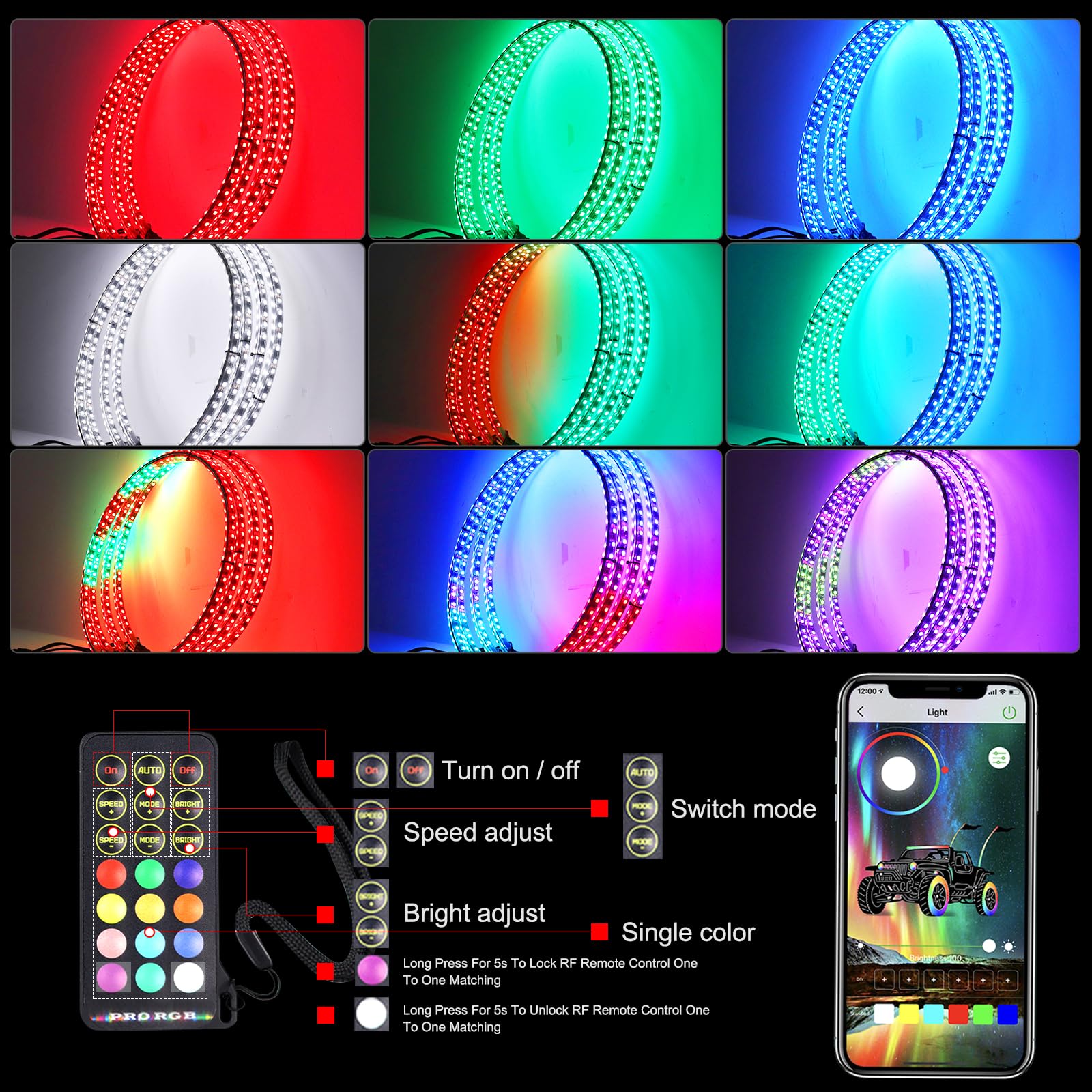 17 Inch RGBW Dreaming Color + Bright White Double Row LED Wheel Lights - Pure White & Rocker Switch Control for Cars, Trucks, Pickups & Off-Road Vehicles | Enhance Night Driving & Vehicle Customization