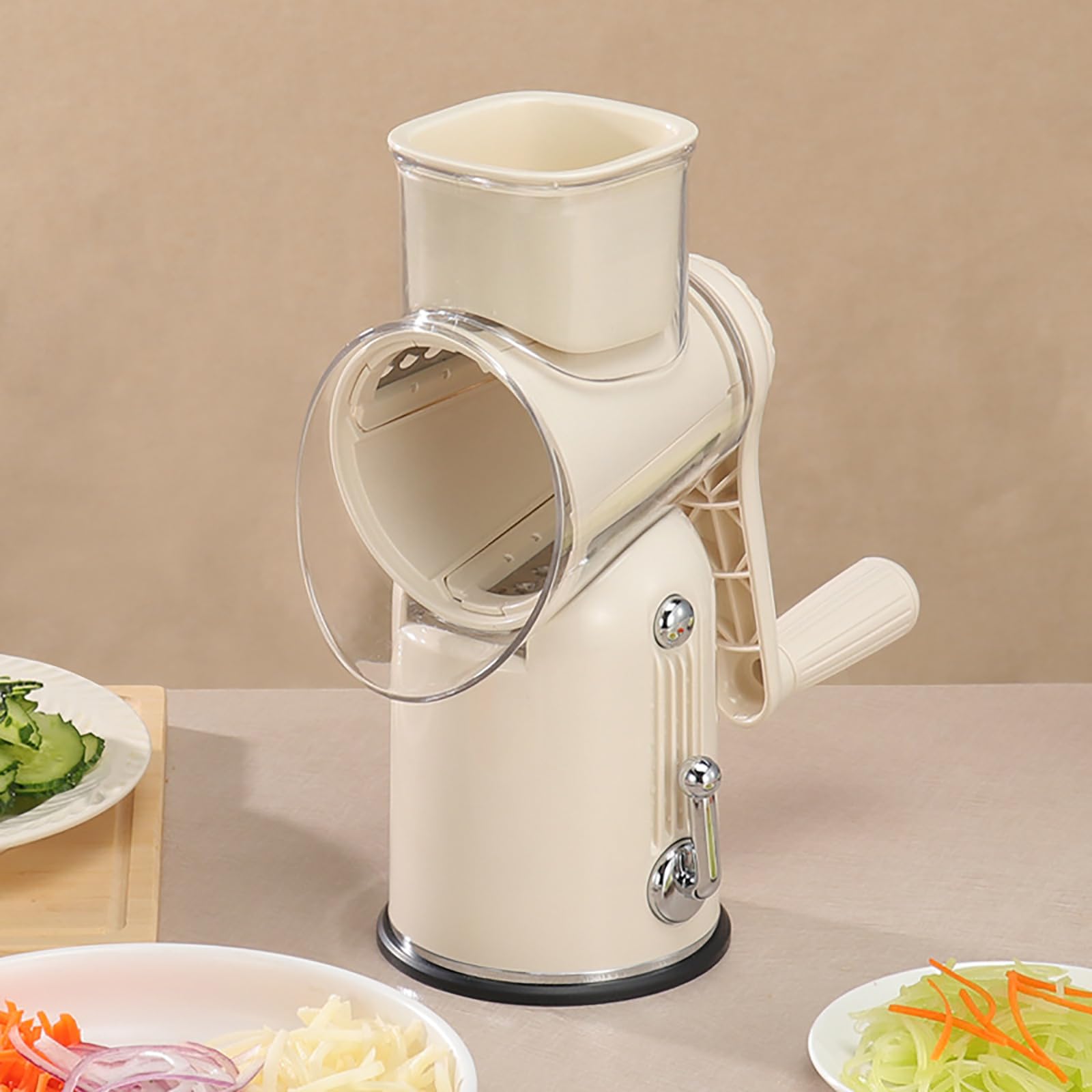 Premium Rotary Cheese Grater & Vegetable Slicer - 5 Interchangeable Blades for Fruits, Cheese & Veggies | Easy-Clean Kitchen Mandoline | Perfect for Salads, Pasta Garnish & Meal Prep (White)