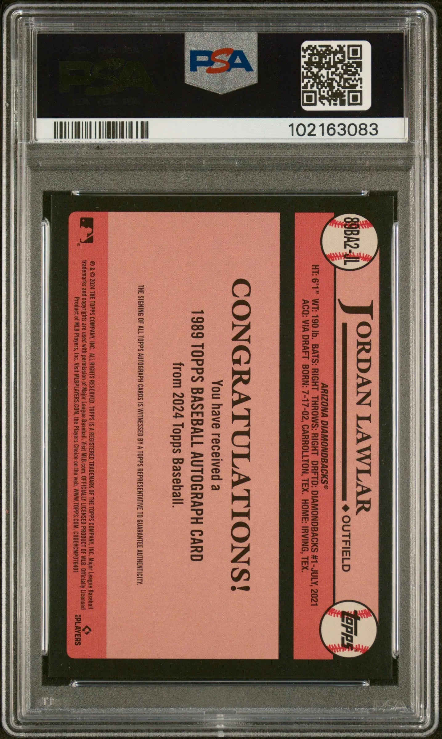 2024 Topps 1989 Topps Baseball Autographs Jordan Lawlar RC Rookie PSA 10 Gem Mint - Rare Collectible Baseball Card for Investment & Display