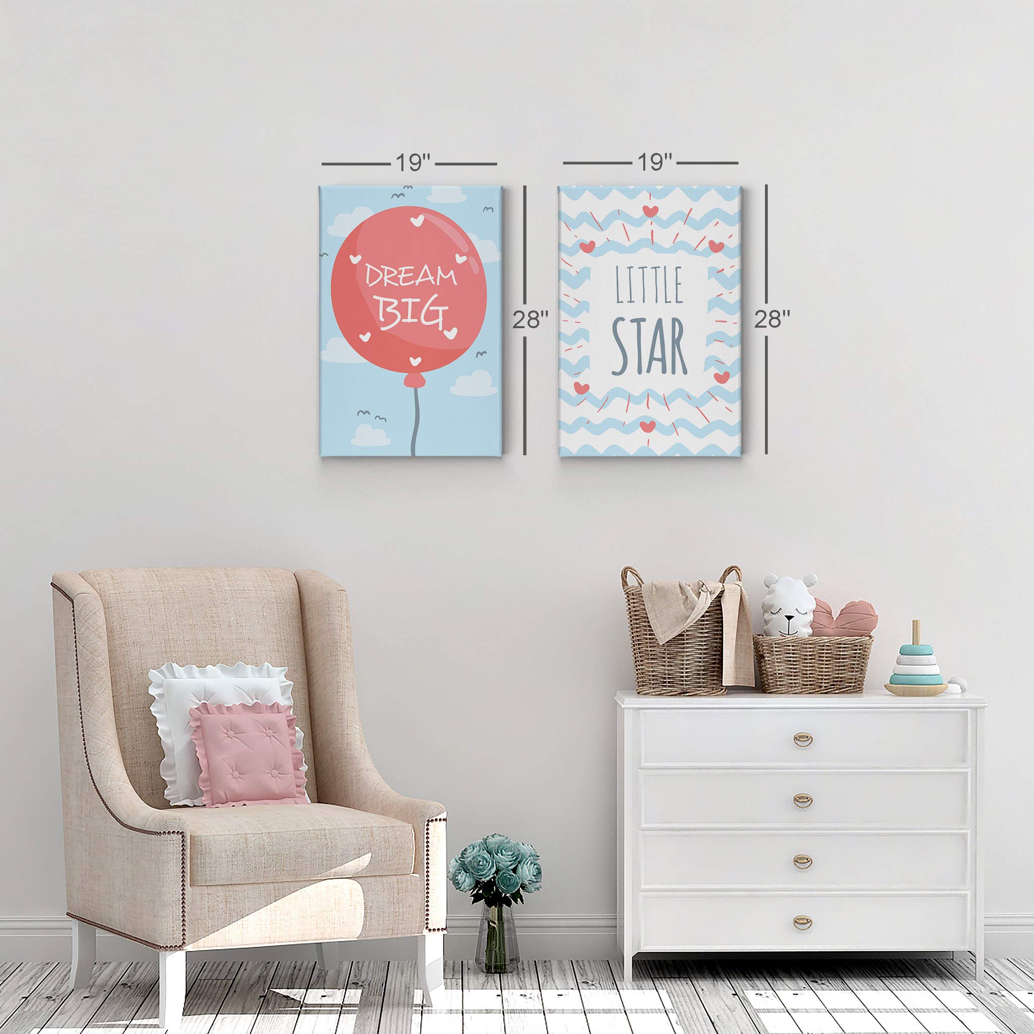 Dream Big Little Star Motivational Quote Pink Balloon 2-Piece Canvas Wall Art Set for Kids Room Decor - 40x30 Inches, Made in USA | Perfect for Nursery, Bedroom & Playroom Decorations