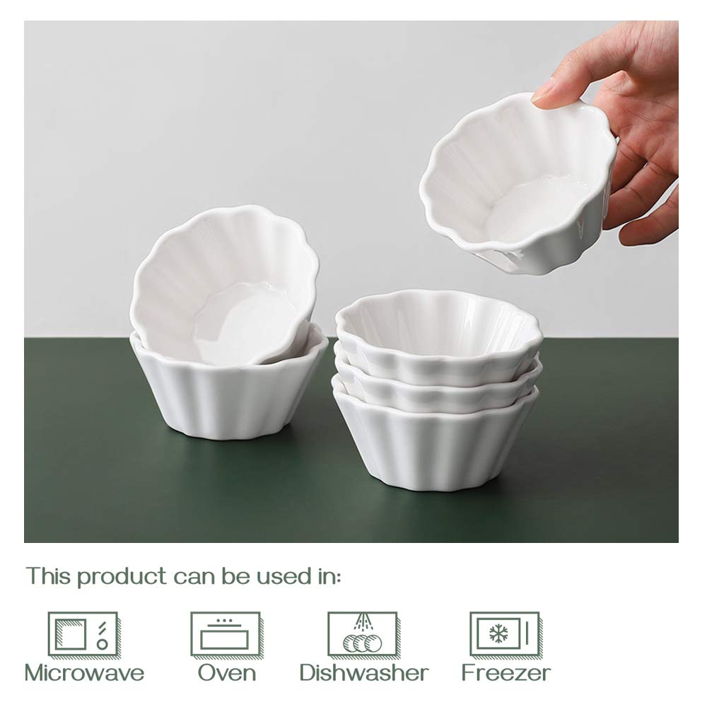 DOWAN 6 oz Porcelain Ramekins Set of 6 - Oven Safe Flower-Shaped Baking Dishes for Creme Brulee, Pudding, Souffle, Custard & Dipping Sauces - Perfect for Desserts, Appetizers & Entertaining (White)