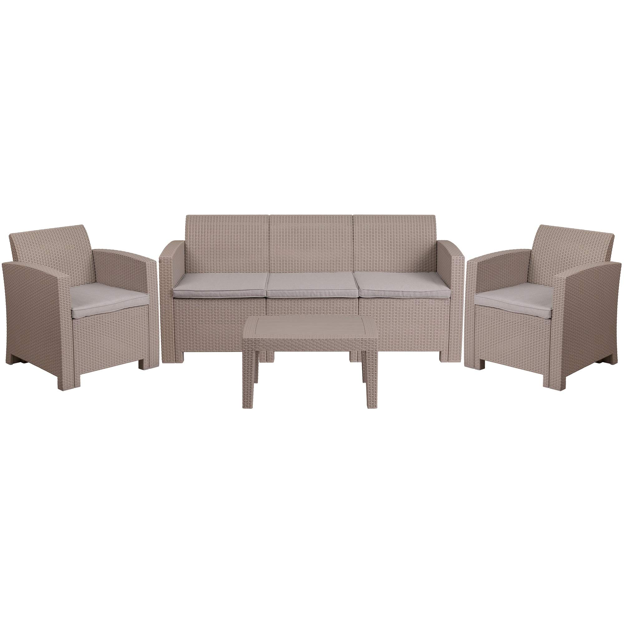 F&F Furniture 4-Piece Light Gray Outdoor Faux Rattan Patio Set with Chairs, Sofa & Table (67.5