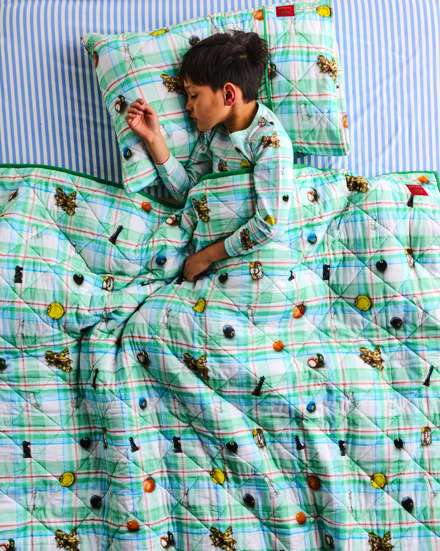 Kip&Co x Eleventh Hour Snookered Tartan Organic Cotton Quilted Kids Bedspread - Soft & Breathable Nursery Blanket for Boys & Girls - Perfect for Cribs, Toddler Beds & Cozy Naptime