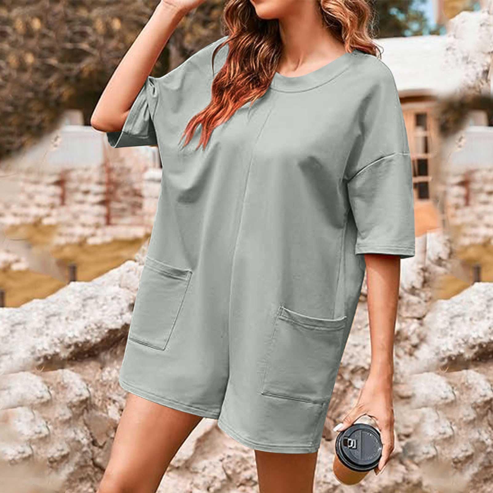 2024 Women's Summer Romper - Casual Half Sleeve Short Jumpsuit with Crewneck, Loose Fit Athletic Overalls & Pockets | Perfect for Beach Outings, Weekend Brunch & Outdoor Activities