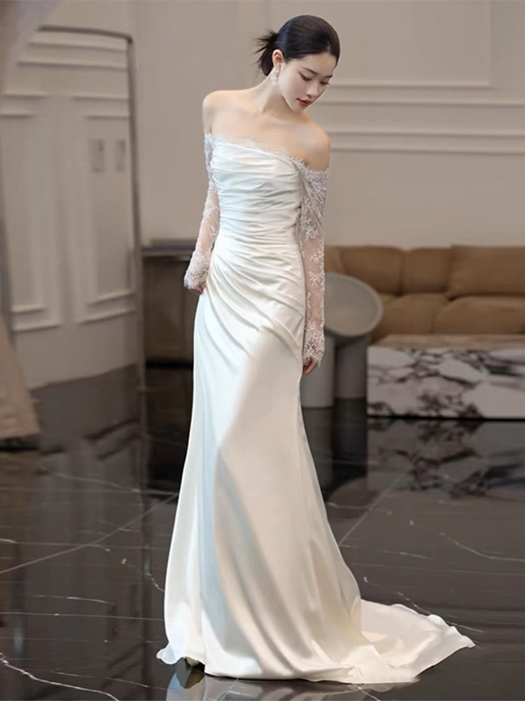 Elegant White Lace Sleeves Sheath Wedding Dress J3676 - Perfect for Bridal Ceremony, Formal Events & Romantic Photos