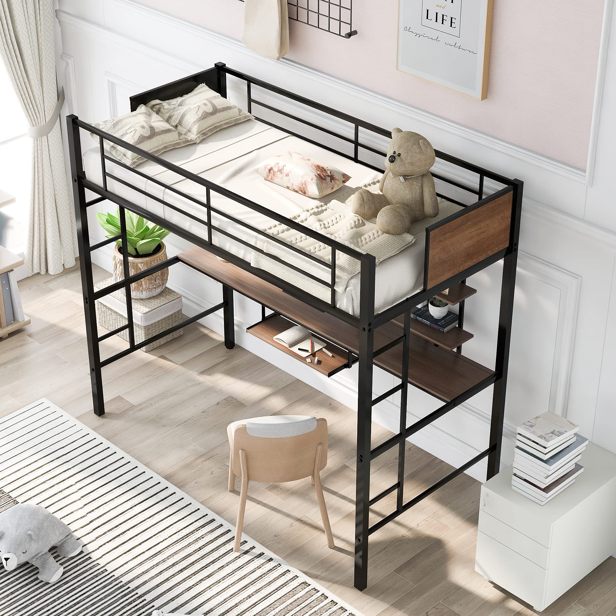 RUNNA Twin Size Metal Loft Bed with Long Study Desk - Space Saving Kids & Teens Bed with 2 Ladders, Keyboard Tray, 2 Storage Shelves & Full-Length Guardrail | Perfect for Small Bedrooms, Dorm Rooms & Studio Apartments