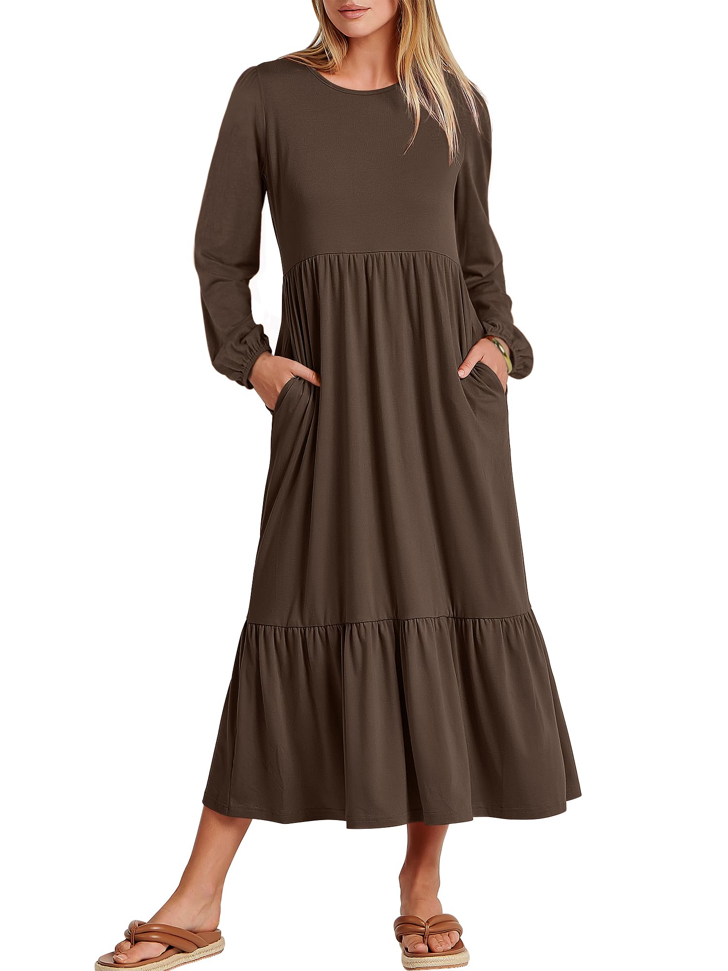 ANRABESS Women's Casual Long Sleeve Midi Dress - 2025 Spring Crewneck A-Line Tiered Flowy Loose Dress with Pockets | Trendy Everyday Wear for Work, Date & Vacation