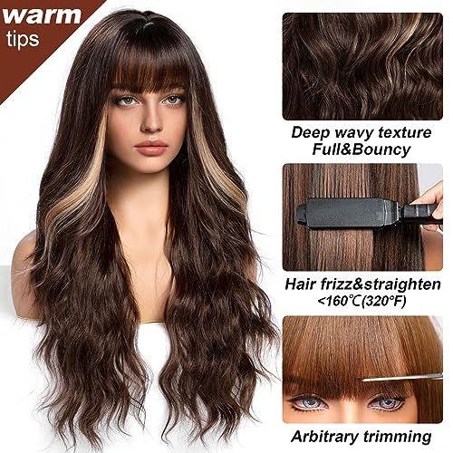 Wavy Dark Brown Synthetic Wig with Bangs | Natural Looking Heat Resistant Cosplay Wig for Women | Perfect for Halloween, Costume Parties & Daily Wear