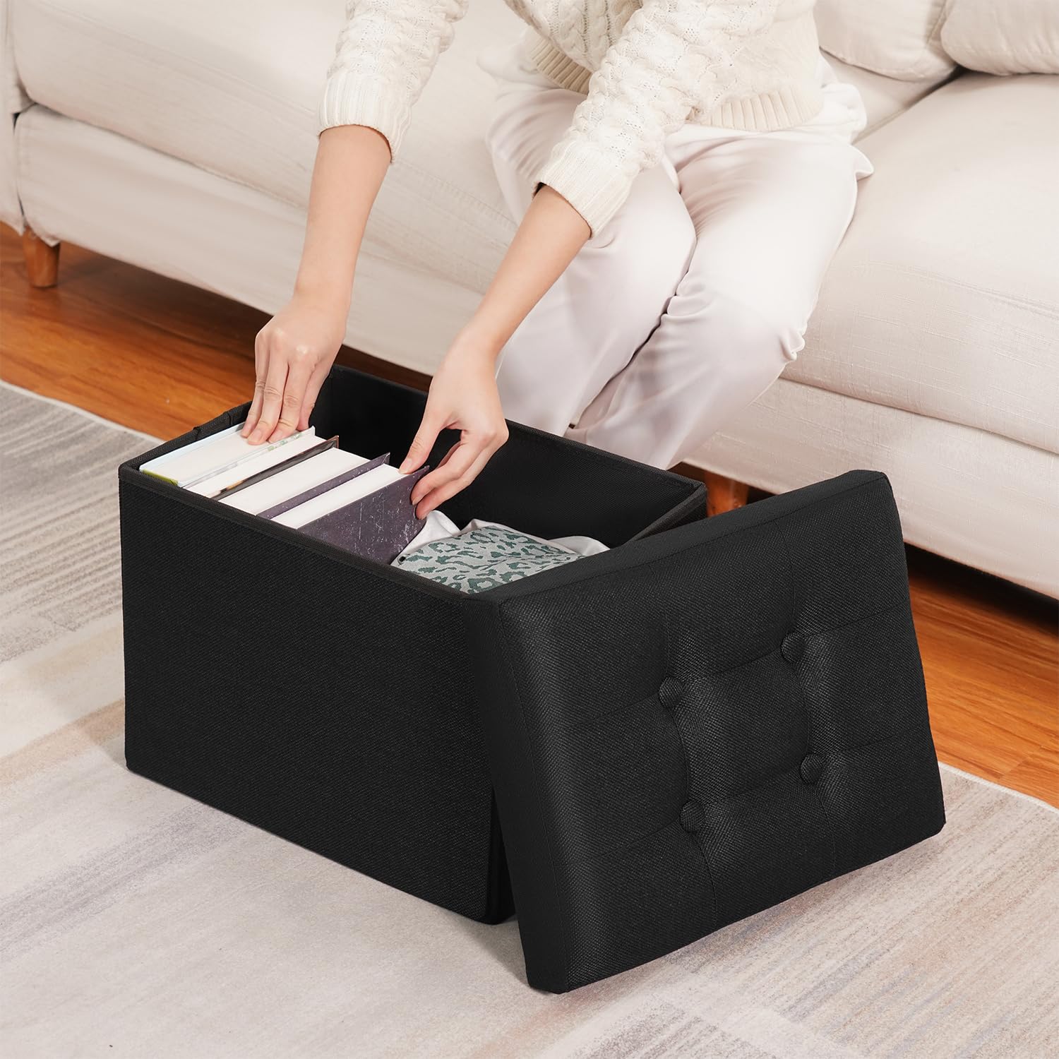 Foldable Storage Ottoman Footrest Stool - 16.4x12.4x12.4 Inches Linen Black, Multi-Functional Foot Rest Bench with Hidden Storage for Living Room, Bedroom & Office | Perfect for Extra Seating, Foot Support & Home Organization