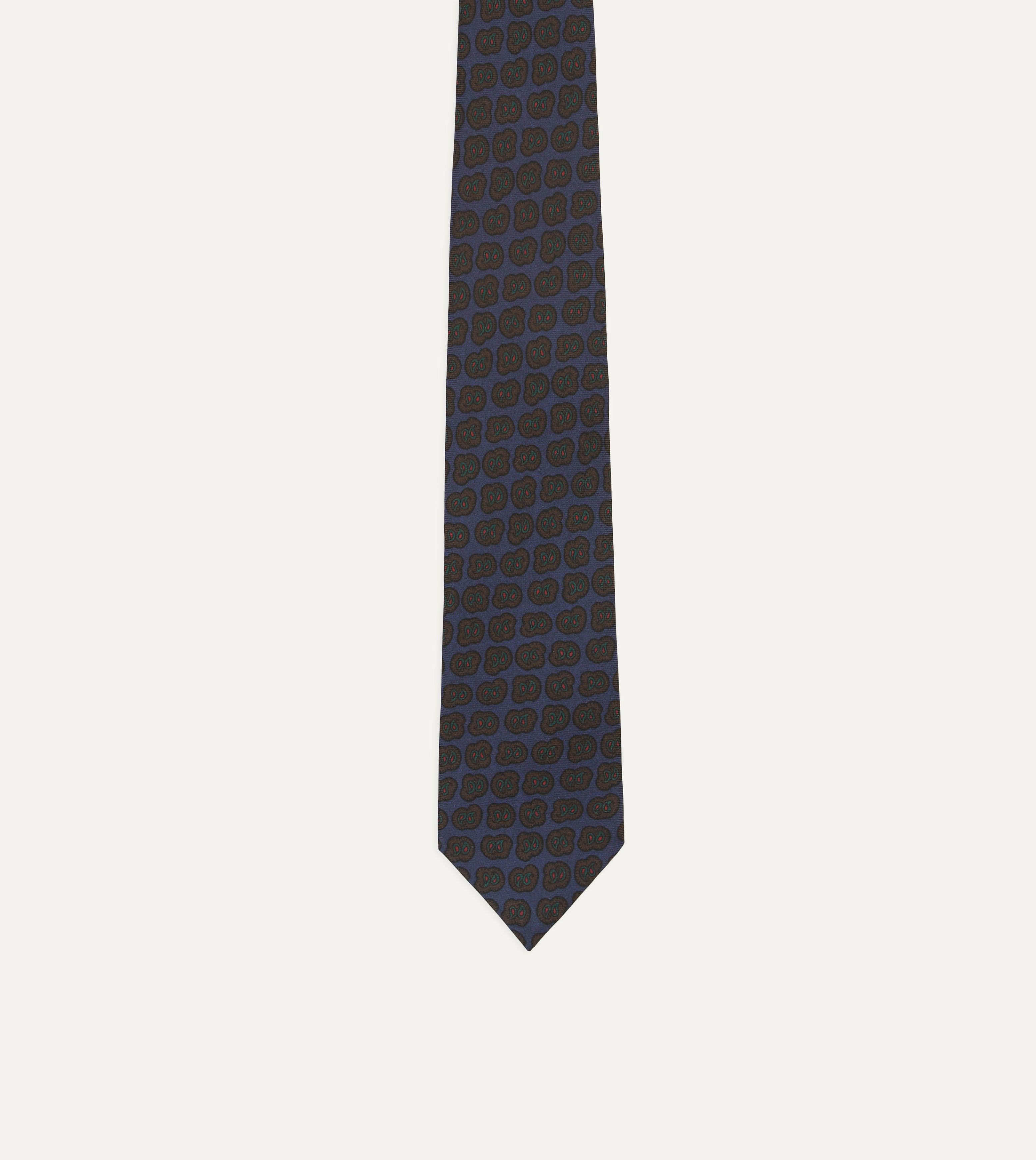 Navy and Brown Paisley Double Leaf Print Silk Self-Tipped Necktie - Elegant Formal Wear for Weddings, Business Meetings & Special Occasions
