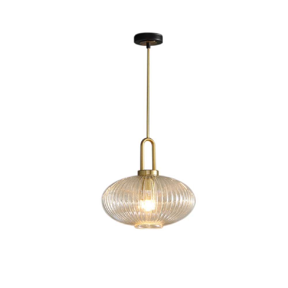 12 Inch Gold Ribbed Glass Lantern Pendant Light with Handle - Modern Single Bulb Ceiling Fixture for Dining Room, Kitchen Island & Bedroom Lighting
