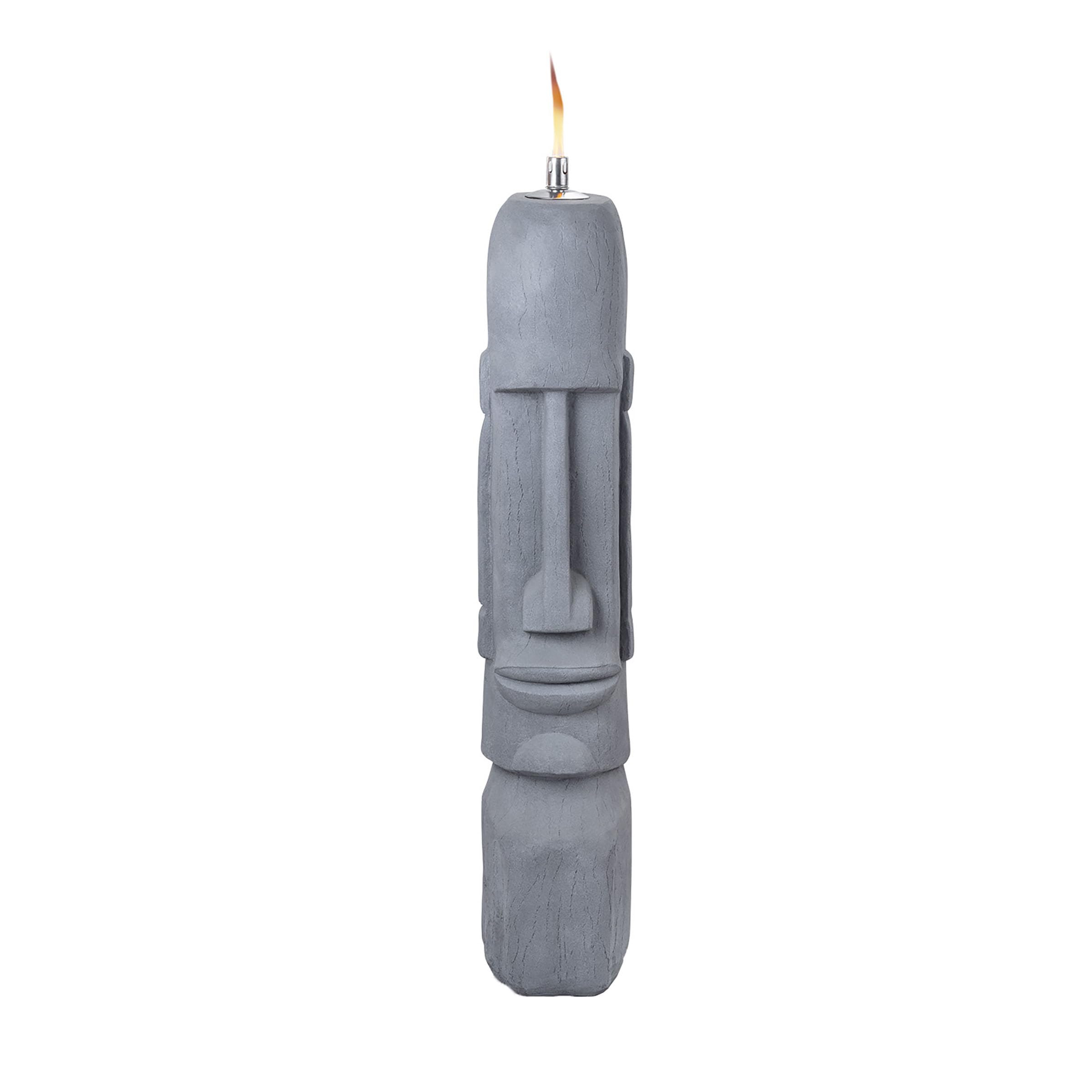 Alpine Corporation DIG282 Gray Cement Moai Head Oil Torch Lamp - Outdoor Tiki Statue for Patio, Garden, and Poolside Decor