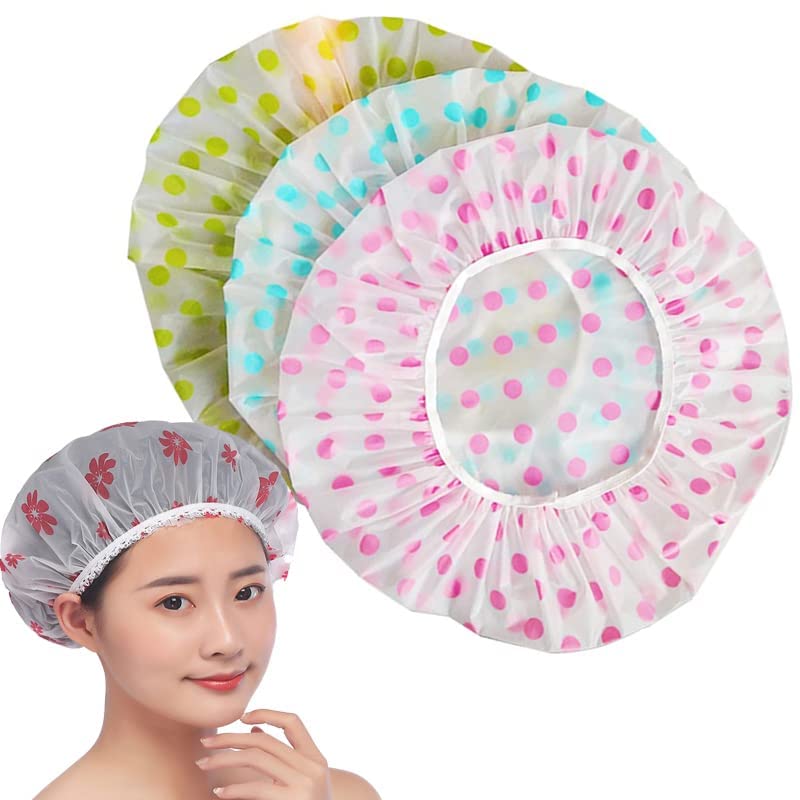 XEMIT Waterproof Shower Cap for Women - Clear Elastic Hair Cover - Reusable Free-Size Bath Cap for Home, Spa & Salon Use (3-Pack) - Perfect for Showering, Bathing & Hair Treatments