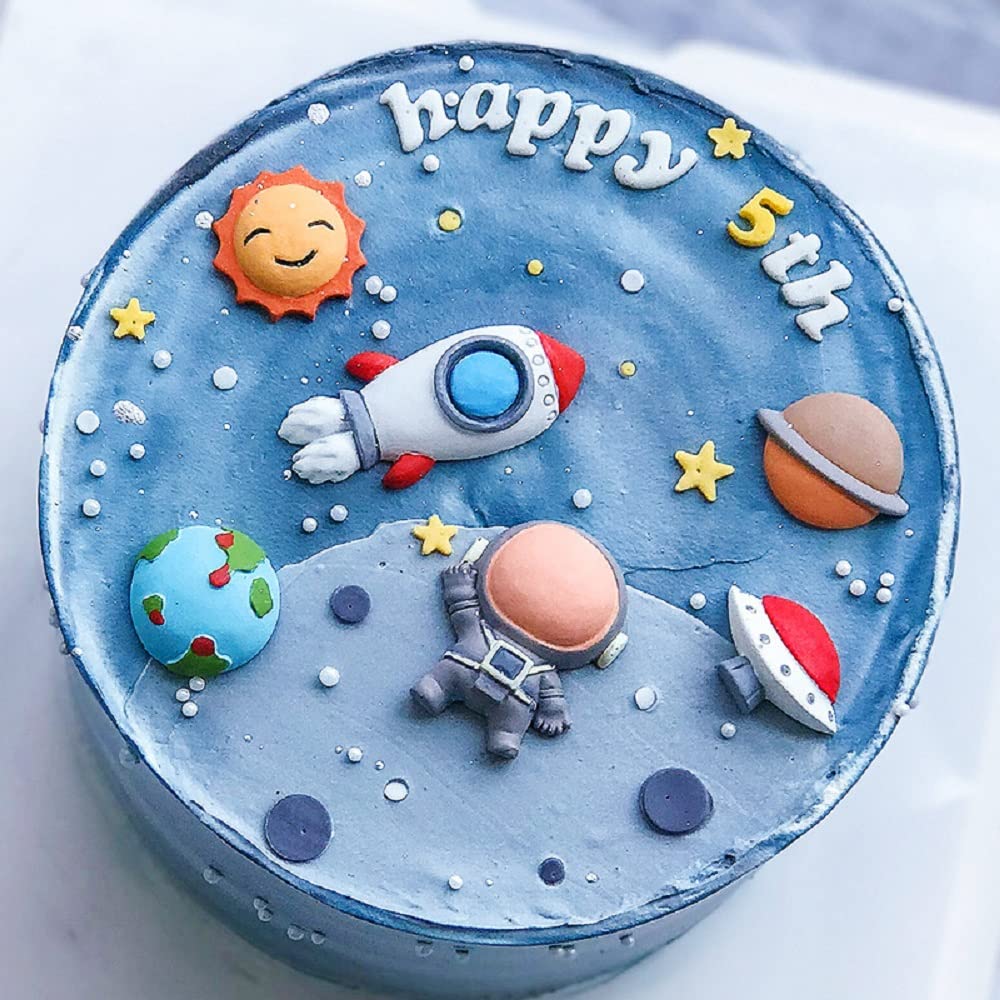 Mini Blue Space Cake Topper - First Trip Around The Sun & Two The Moon Rocket Astronaut Cake Decorations | Perfect for 1st Birthday, Space Theme Parties & Celestial Celebrations
