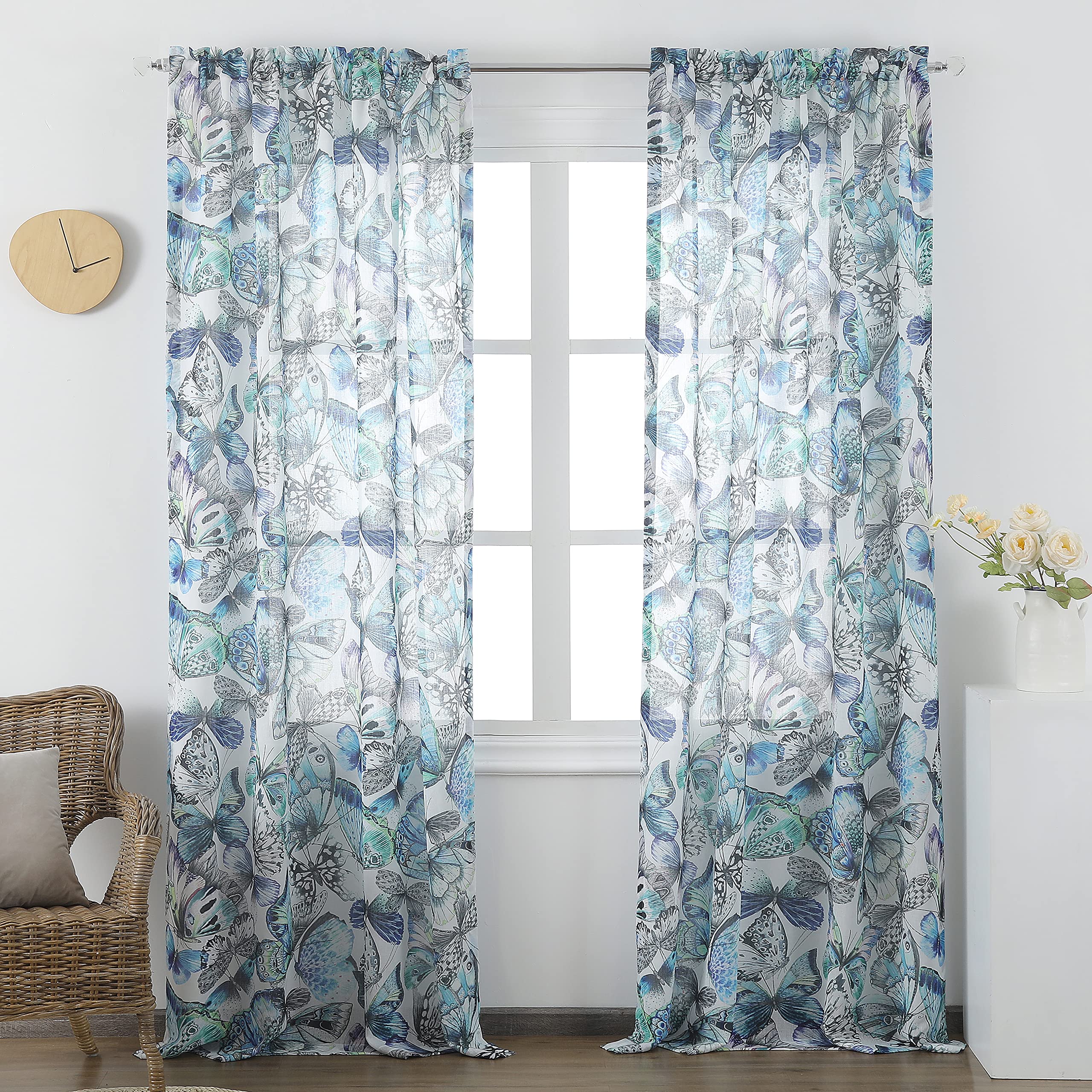 2 Panels Grey and Blue Butterfly Printed Semi-Sheer Curtains - 52 x 63 Inches Window Drapes for Bedroom & Living Room Decor - Light Filtering Sheer Panels for Privacy & Sun Protection - Perfect for Nursery, Dorm, or Apartment Windows