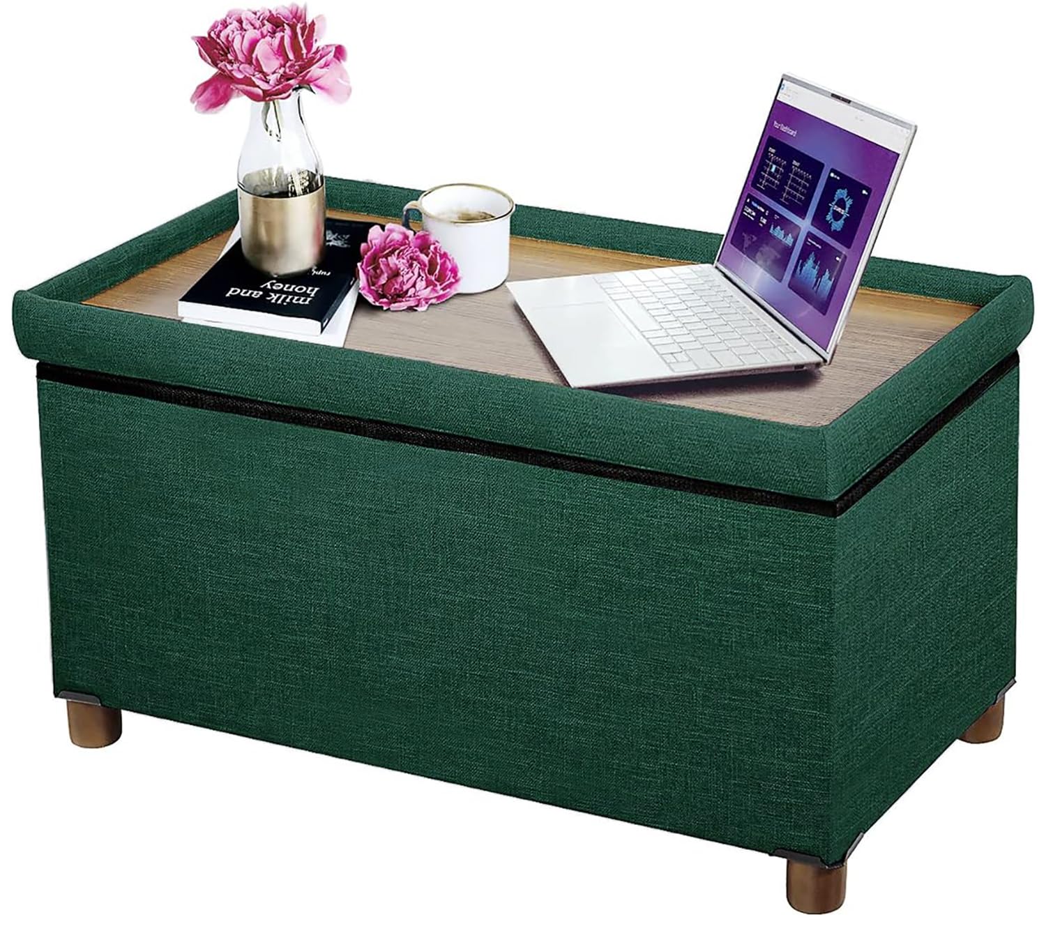 30 Inch Storage Ottoman Bench with Wooden Legs - Linen Fabric Green - Multi-Functional Foot Rest & Seat with Removable Lid - Perfect for Living Room, Bedroom End of Bed & Entryway Storage Solution
