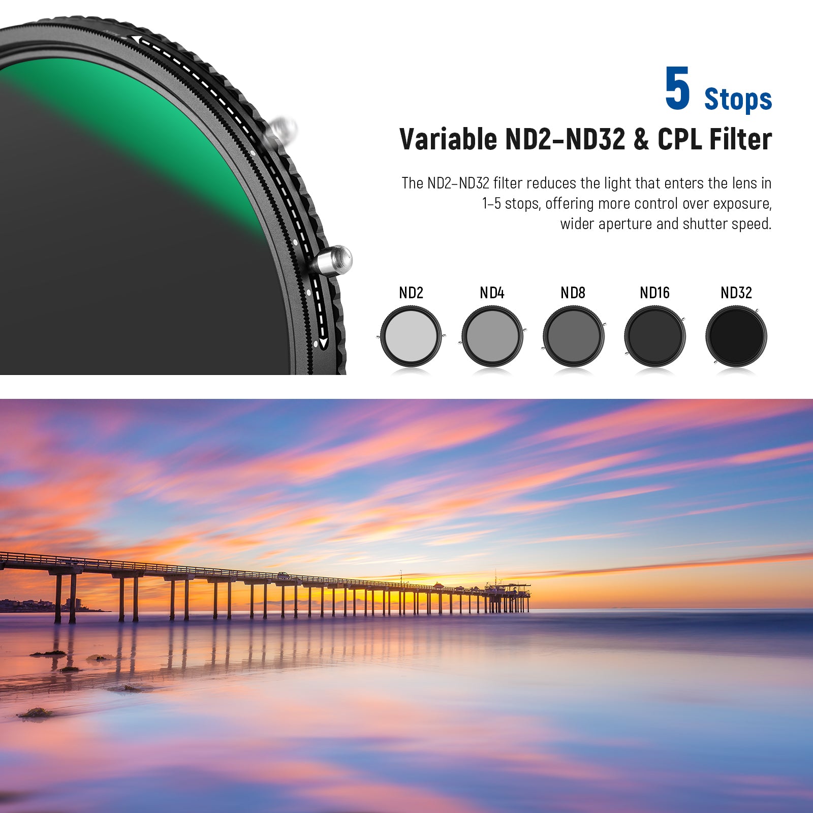 NEEWER 2-in-1 Variable ND Filter (ND2-ND32) & CPL Filter for DSLR Cameras - Perfect for Photography and Videography in Bright Conditions