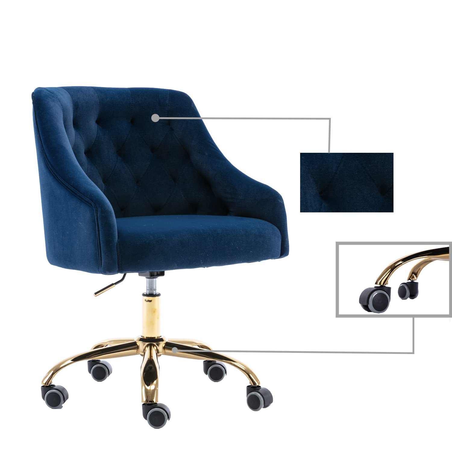 Ergonomic Modern Home Office Chair - Adjustable Swivel Desk Chair with Wheels, Velvet Upholstery for Living Room & Bedroom - Dark Blue (Perfect for Work from Home, Gaming & Makeup Vanity)