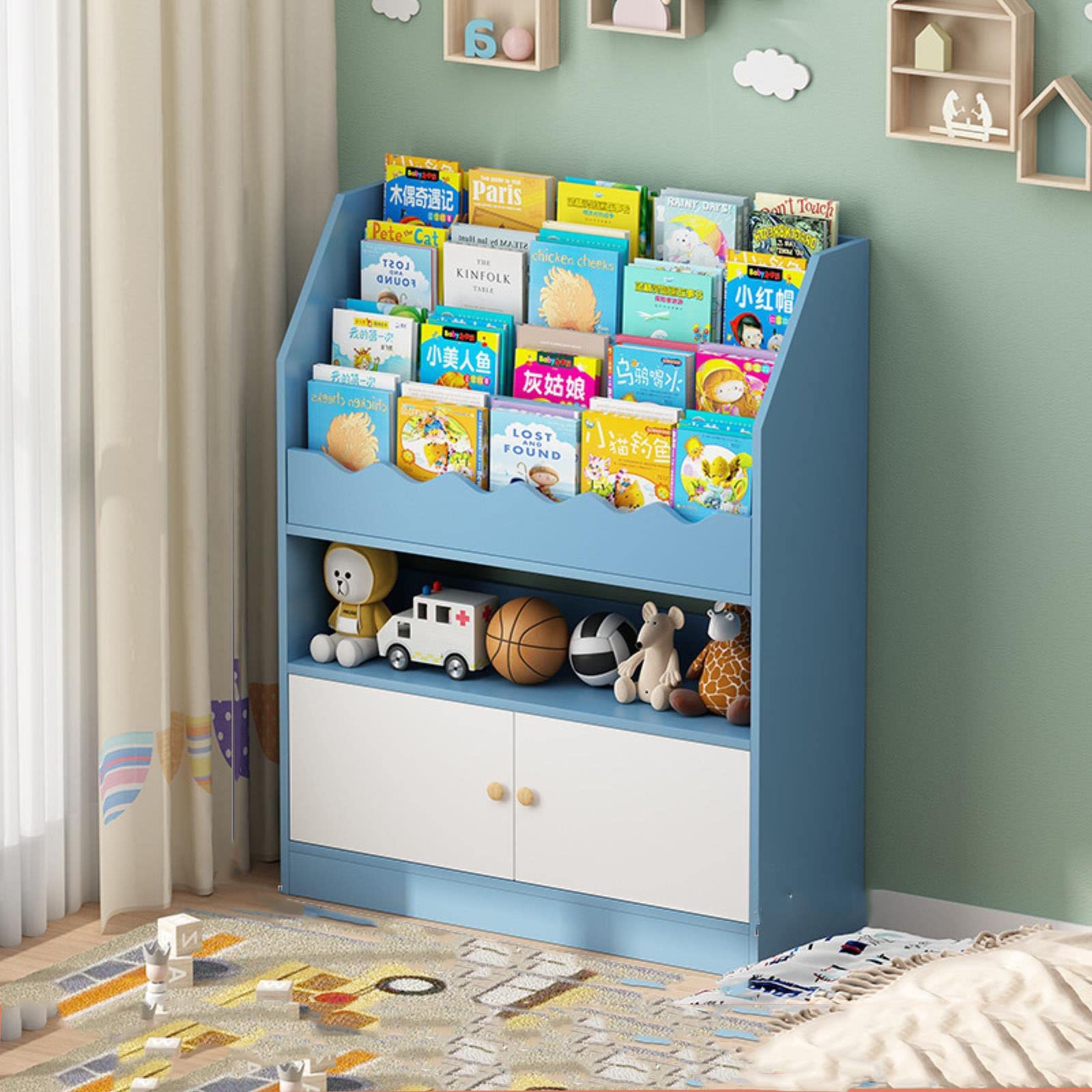 X&D Modern Floor Standing Bookcase - Wooden Bookshelf with Shelves & Lockers, 2-in-1 Book Display Storage Unit with Open Drawer - Bright Blue & White Door (100x82.5x30cm) - Perfect for Kids' Room, Classroom, Nursery, and Home Organization