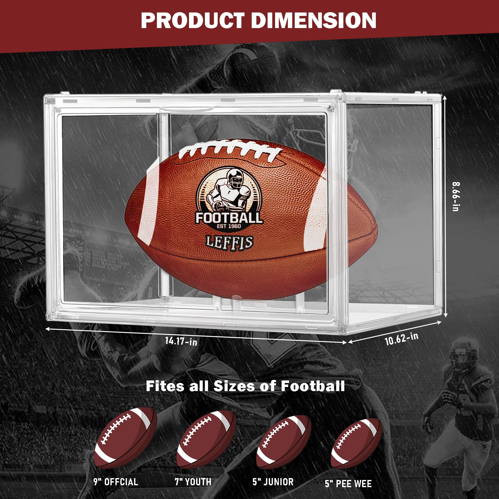 2 Pack Football Display Case with Magnetic Door & Removable Stand - Leffis Premium Memorabilia Showcase for Autographed Footballs (Assembly Required) - Perfect for Sports Collectibles, Man Cave Decor & Trophy Display