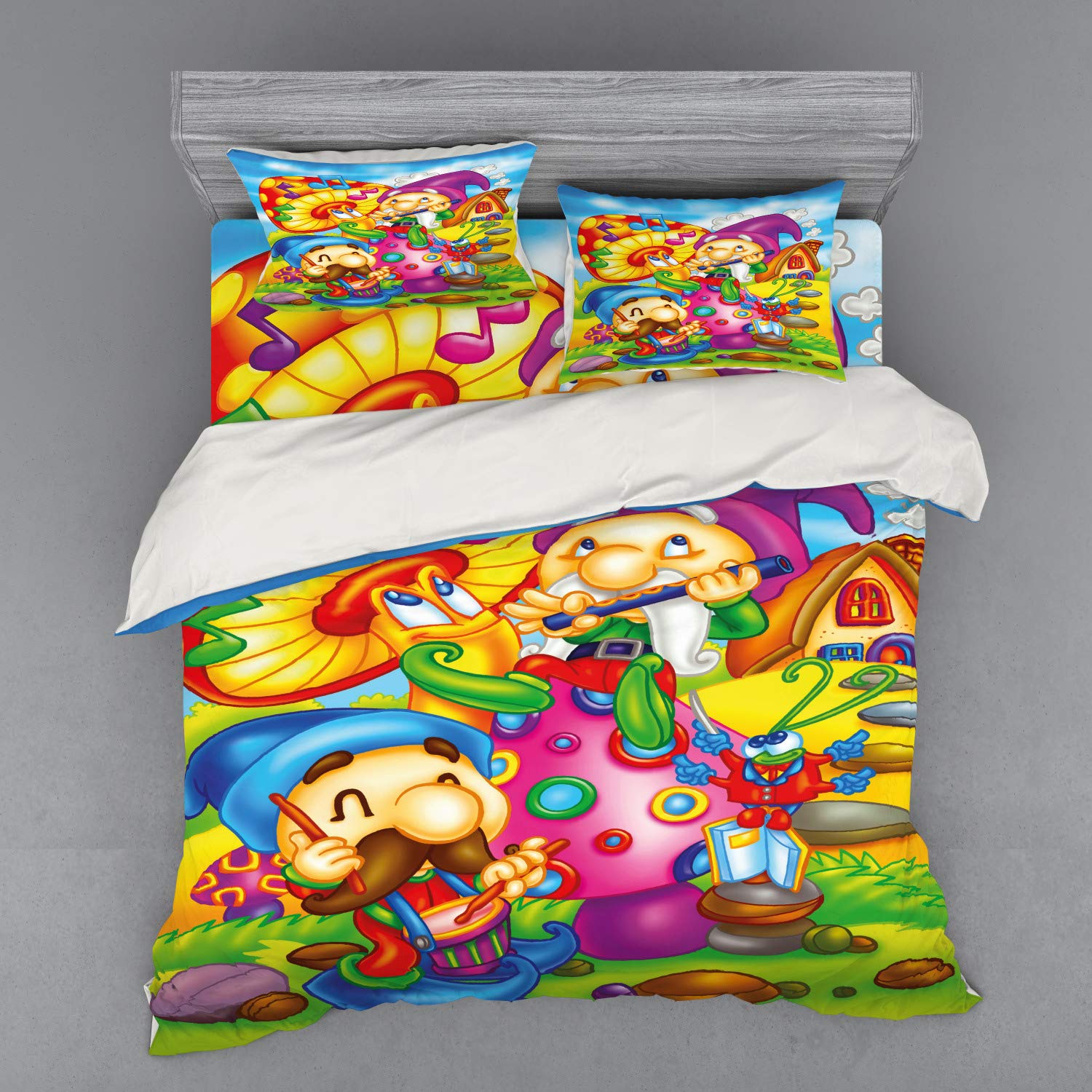 Ambesonne Fantasy Duvet Cover Set - Cartoon Singing Elves with Mushroom Playing Flute Cheerful Design, 4-Piece King Size Bedding Set with Shams & Fitted Sheet, Vibrant Multicolor | Perfect for Kids' Rooms, Christmas Decor & Whimsical Bedroom Themes