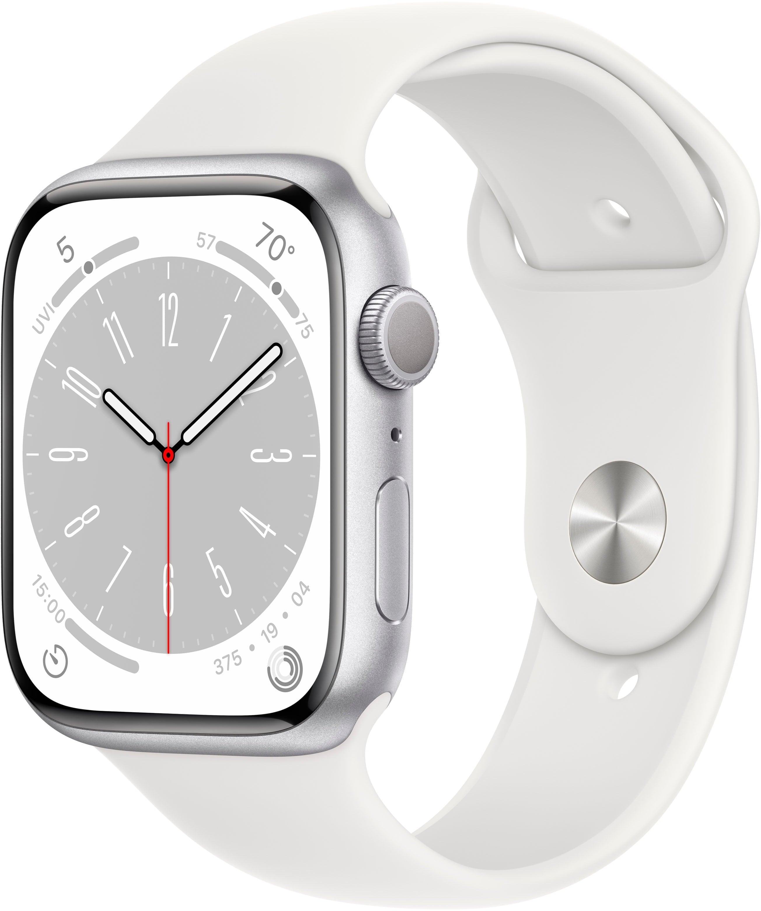 Apple Watch Series 8 (GPS) 45mm Silver Aluminum Case with White Sport Band - Smartwatch for Fitness Tracking, Heart Rate Monitoring & Notifications - Perfect for Running, Swimming & Daily Wear (MP6P3LL/A)