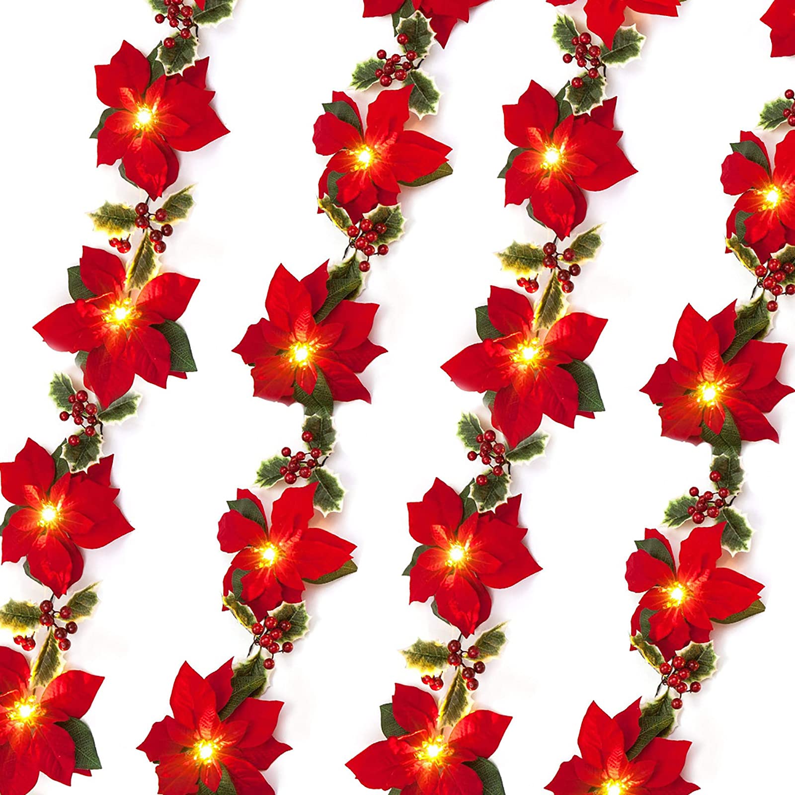**6.6 Ft Pre-Lit Christmas Poinsettia Garland with Red Berries & Holly Leaves - 20 LED Battery Operated Waterproof Fairy Lights for Indoor/Outdoor Holiday Decor**    *(Perfect for mantels, staircases, doorways, and festive holiday parties!)*