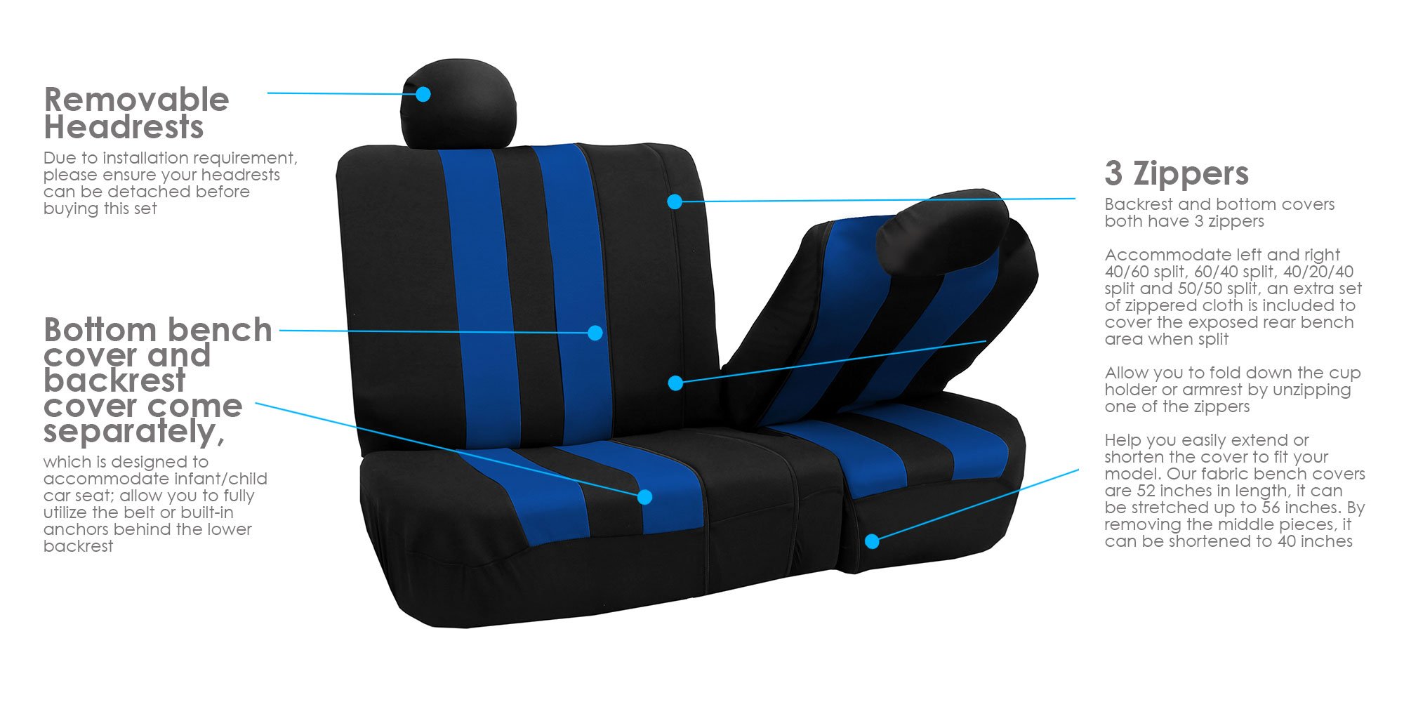 FH Group 7-Seater Car Seat Covers - 3-Row Stripe Design, Universal Fit for Cars, Trucks & SUVs (Blue/Black) | Airbag Compatible & Split Bench | Perfect for Family Road Trips & Daily Commutes