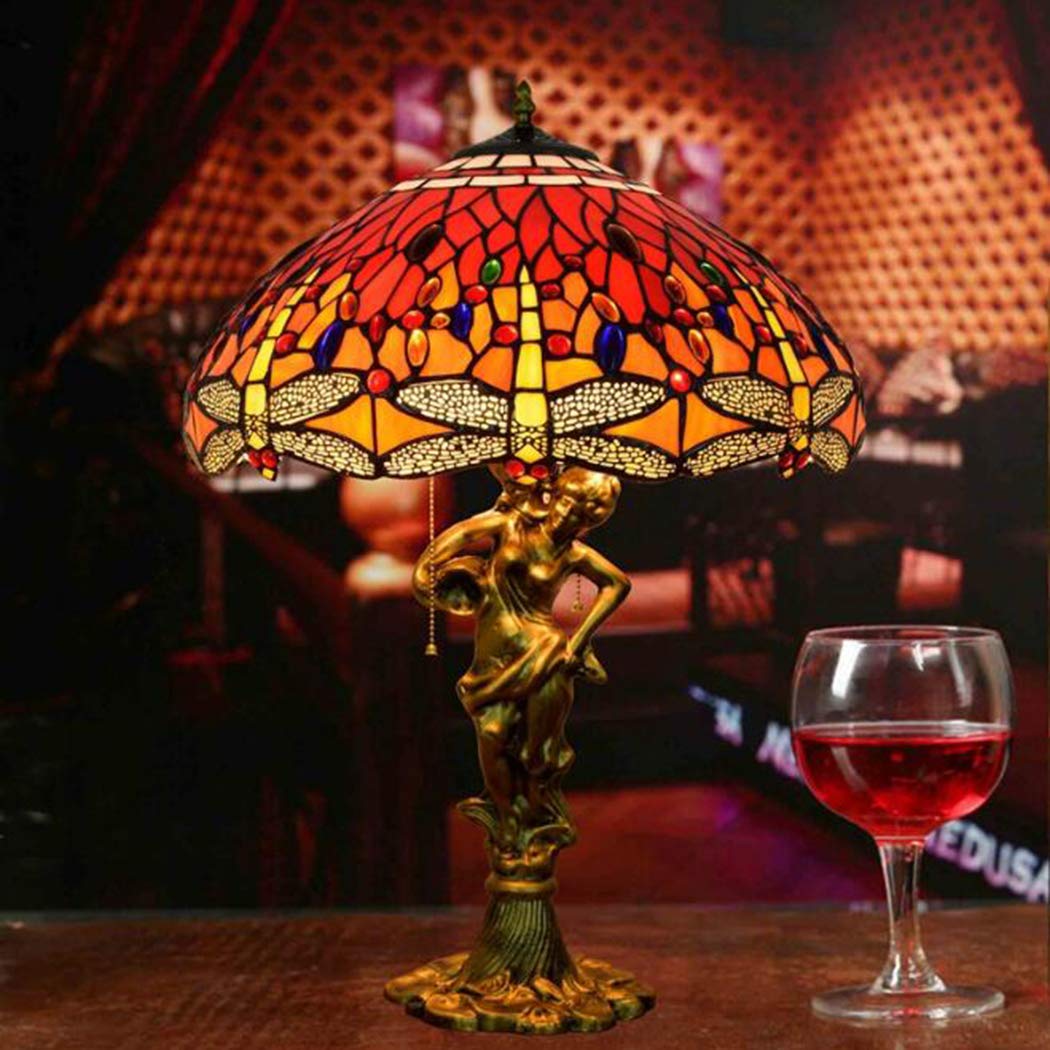 European Retro Pastoral Dragonfly Tiffany Style Table Lamp - 17.7 Inch Handmade Stained Glass Desk Light for Reading, Living Room, Bedroom & Bedside - Warm Red Ambient Lighting (Perfect for Cozy Evenings & Home Office Decor)