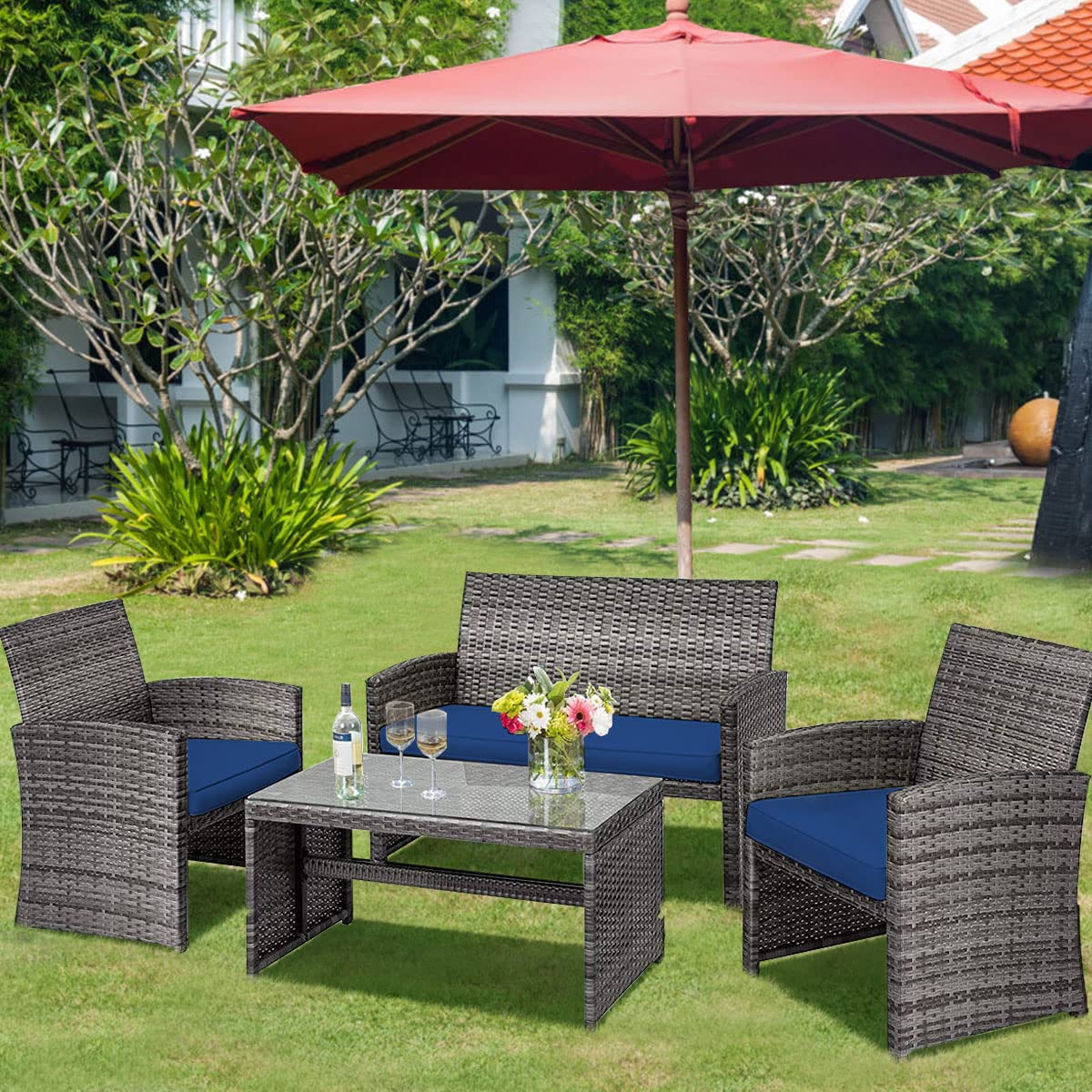 Tangkula 4-Piece Wicker Patio Conversation Set - Outdoor Rattan Sofa Set with Coffee Table & Soft Cushions, Durable Patio Furniture for Poolside, Balcony, Garden or Backyard Relaxation