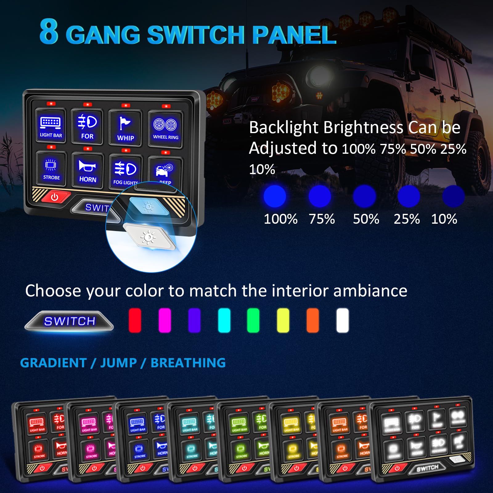 8 Gang RGB Switch Panel with APP & Bluetooth Control - Waterproof Aluminum Remote Switch Panel for RV, Car, UTV, Truck & Trailer - Perfect for Off-Road Adventures & Vehicle Customization