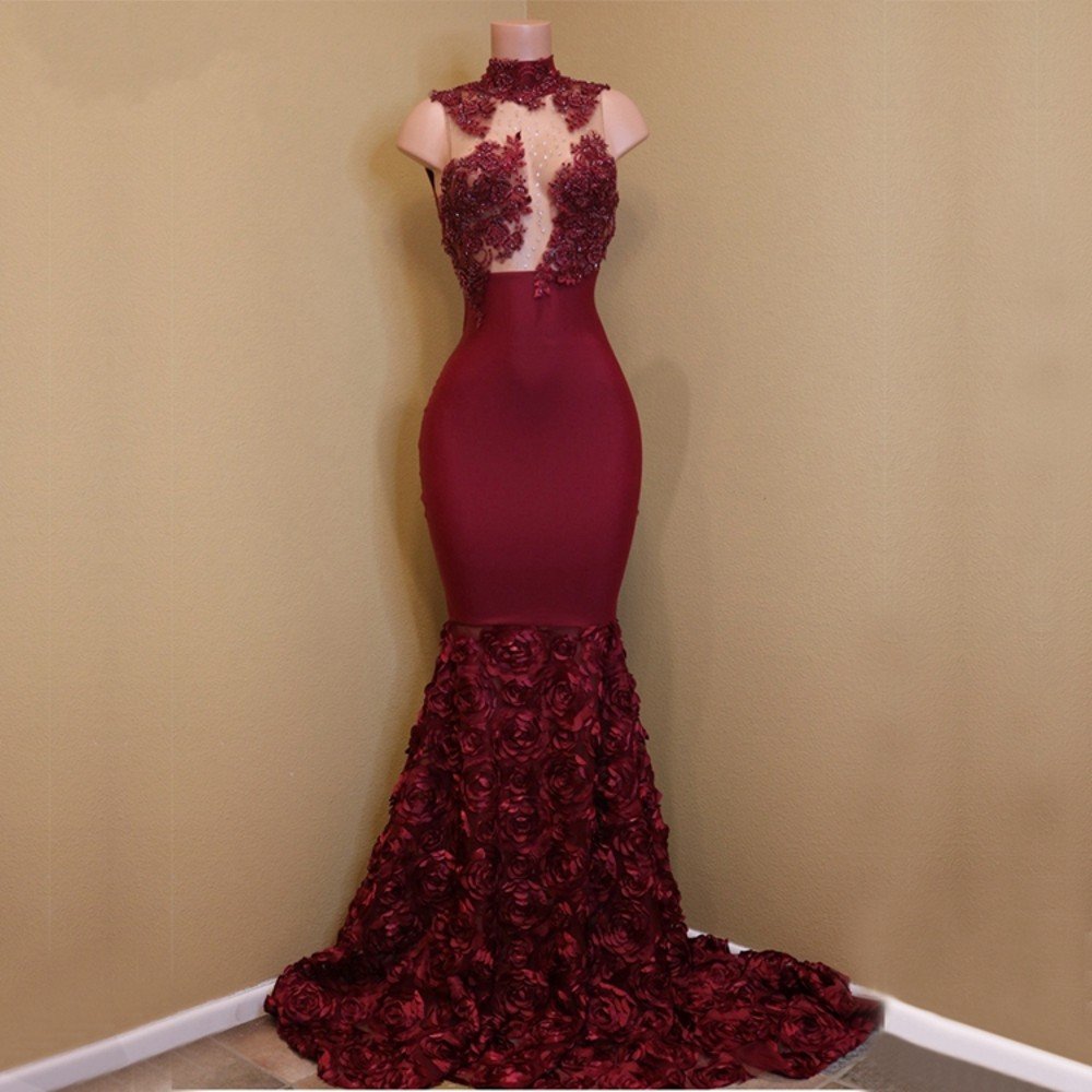 Elegant Women's Mermaid Evening Gown with Floral Applique & Beaded Details - High Neck See-Through Formal Dress for Prom, Wedding, and Special Occasions