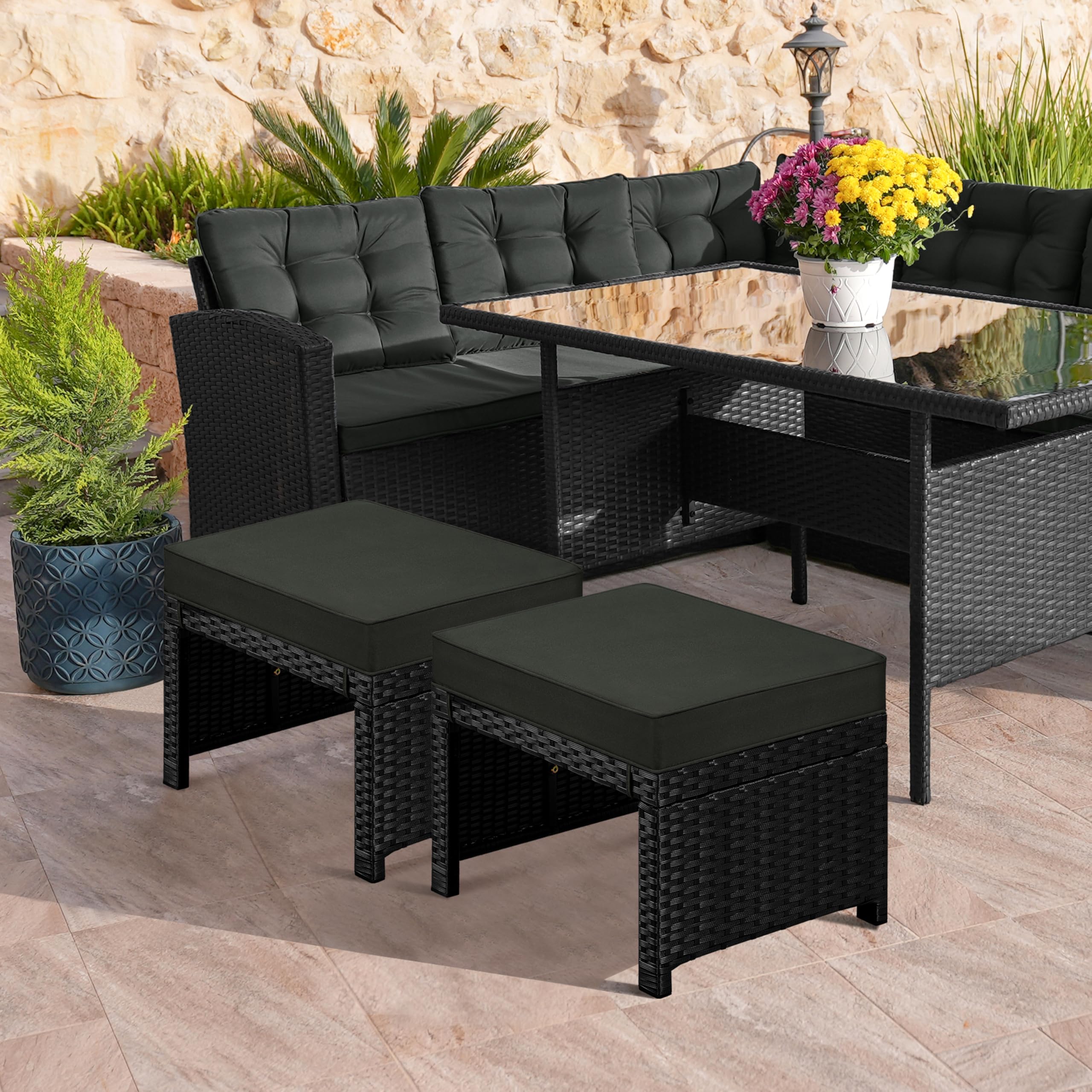 Yaheetech 2-Piece Wicker Ottoman Set with Removable Cushion - PE Rattan Footrest & Side Table, Multipurpose Outdoor Furniture for Patio, Backyard, Garden or Poolside - Black/Gray